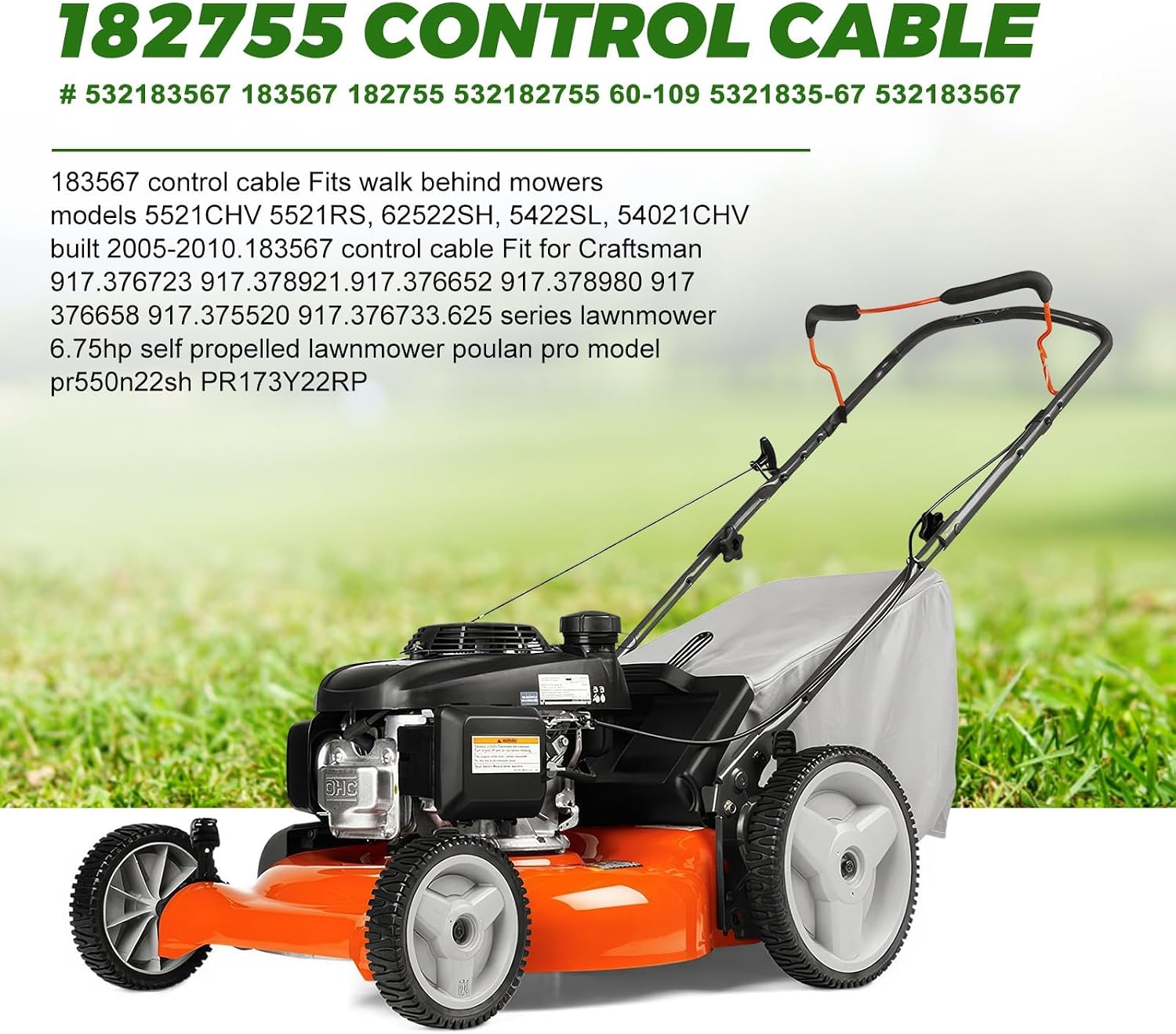 Dalom 532183567 Safety Control Cable 183567 60-109 for Poulan Sears Craftsman Husqvarna Weed Eater Engine Lawn Mower Cable Parts Cable Length: 61 1/2",Conduit Length: 54 1/2",Z Bend on Each End