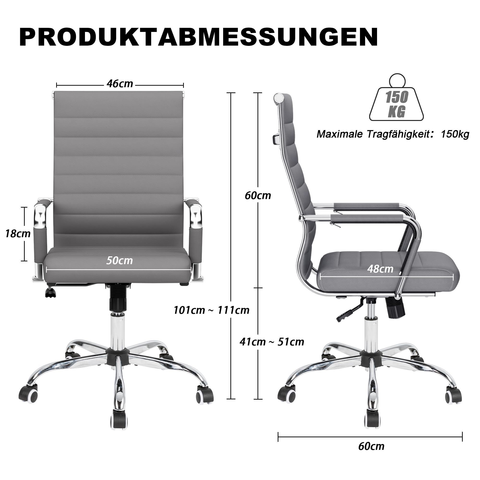 UEV Bürostuhl Ergonomisch Wippfunktion bis 150 kg belastbar Drehstuhl Grau | Schreibtischstuhl mit Armlehne Office Chair S-förmige Lendenwirbelstütze gepolsterter Sitz höhenverstellbar aus Kunstleder