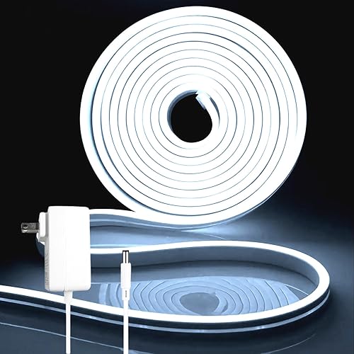 iNextStation Tira de luces LED blancas, tira de luces de neón de 16.4 pies con adaptador de corriente, luz flexible de neón LED cortable de 12 V,