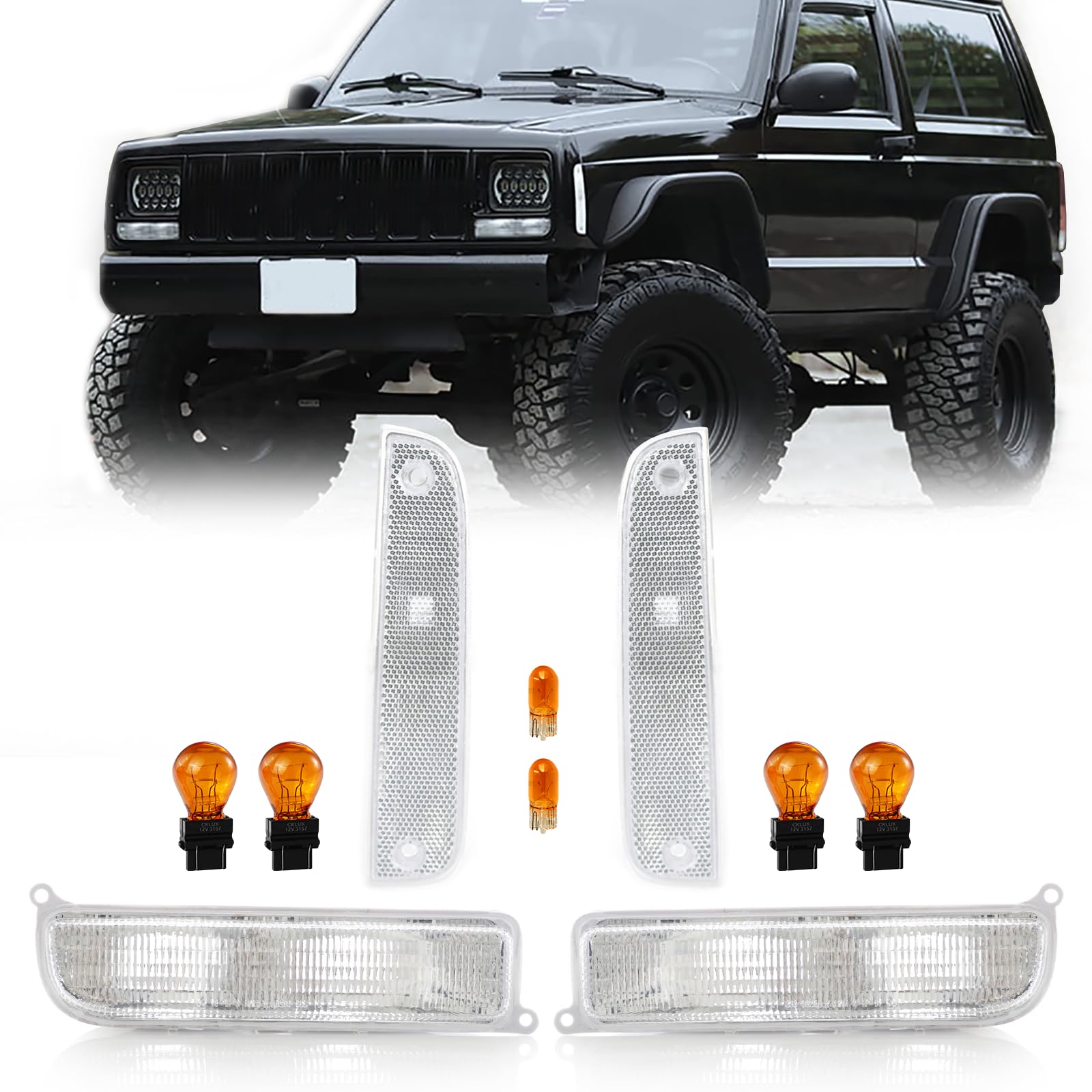 USR UNIQUE STYLE RACING DEPO 97-01 XJ Signal Lights - COMBO Clear Bumper Turn Signal + Corner Side Marker Lamps Set (Left + Right) Compatible with 1997-2001 Cherokee XJ Chassis (Clear 4 Pieces)