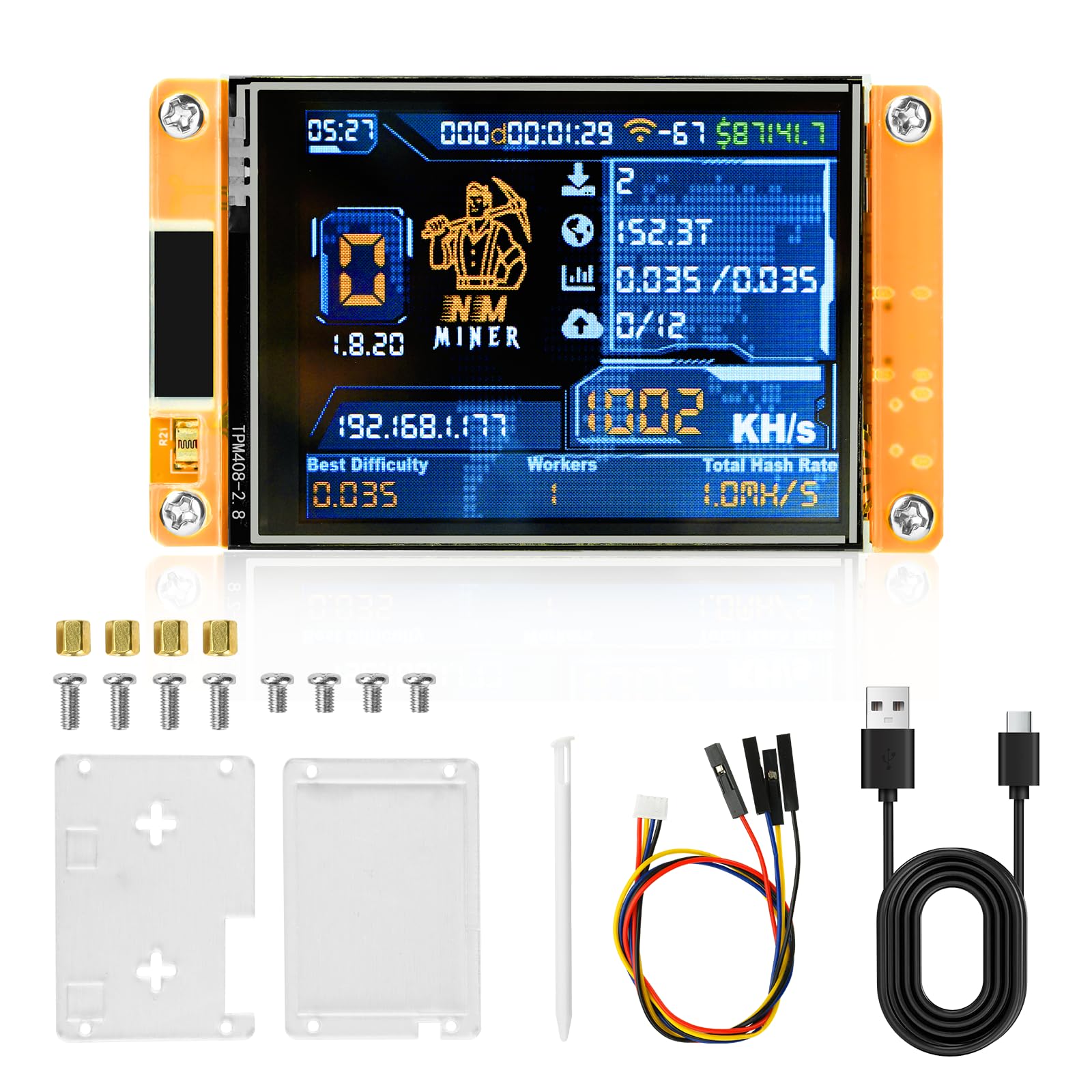 NerdMiner V2 Miner Bitcoin Miner 1060 KH/s, z 2,8-calowym wyświetlaczem ESP32 OLED, Bitcoin Miner BTC Miner Solo Loteria Miner do obliczania współczynnika skrótu, chip ESP32-DROOM