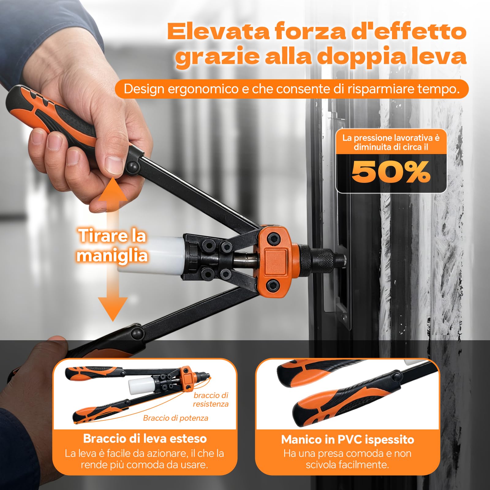 Set Pinzatrice per Rivetti da 13" con 110 Rivetti per Rivettatrice Cieca da 6,4 mm-2,4 mm, 5 Bocchini Intercambiabili, Rivettatrice Manuale per Auto, Lavori in Metallo, Mobili, Strumenti