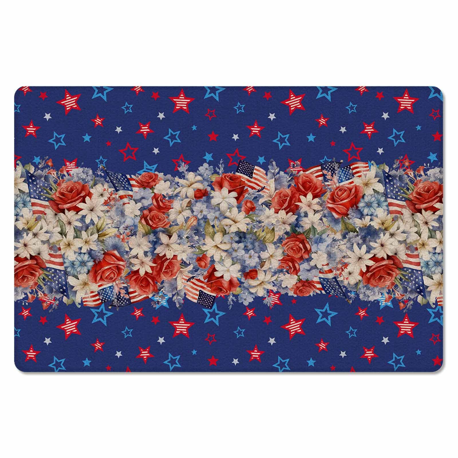 Independence Day Antifatigue Kitchen Bath Door Mat Cushioned Runner Rug,Washable Welcome Floor Sink Mat,Waterproof Non-Slip Kitchen Standing Doormat,4th of July Red Blue Star Botanical Floral 20