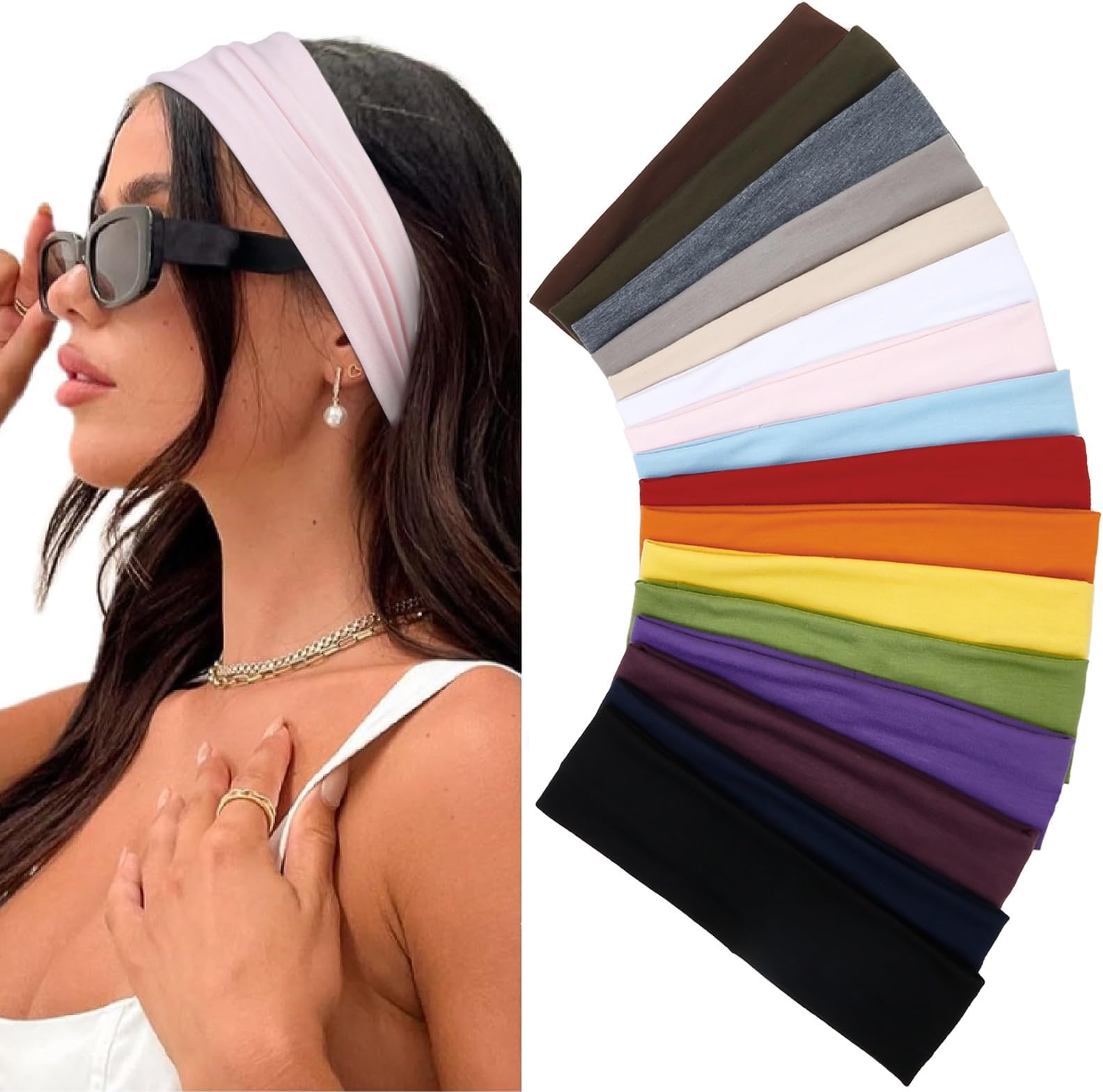 Multicolor Fashion Women's Hair Accessories - 16 Pack Elastic Non-Slip Soft Cloth Headbands for Yoga, Running, and Sports
