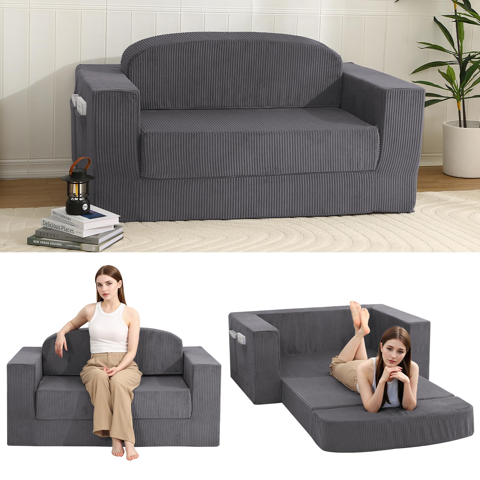 MeMoreCool Convertible Small Sofa Bed, Corduroy Folding Boneless Couch — image 1
