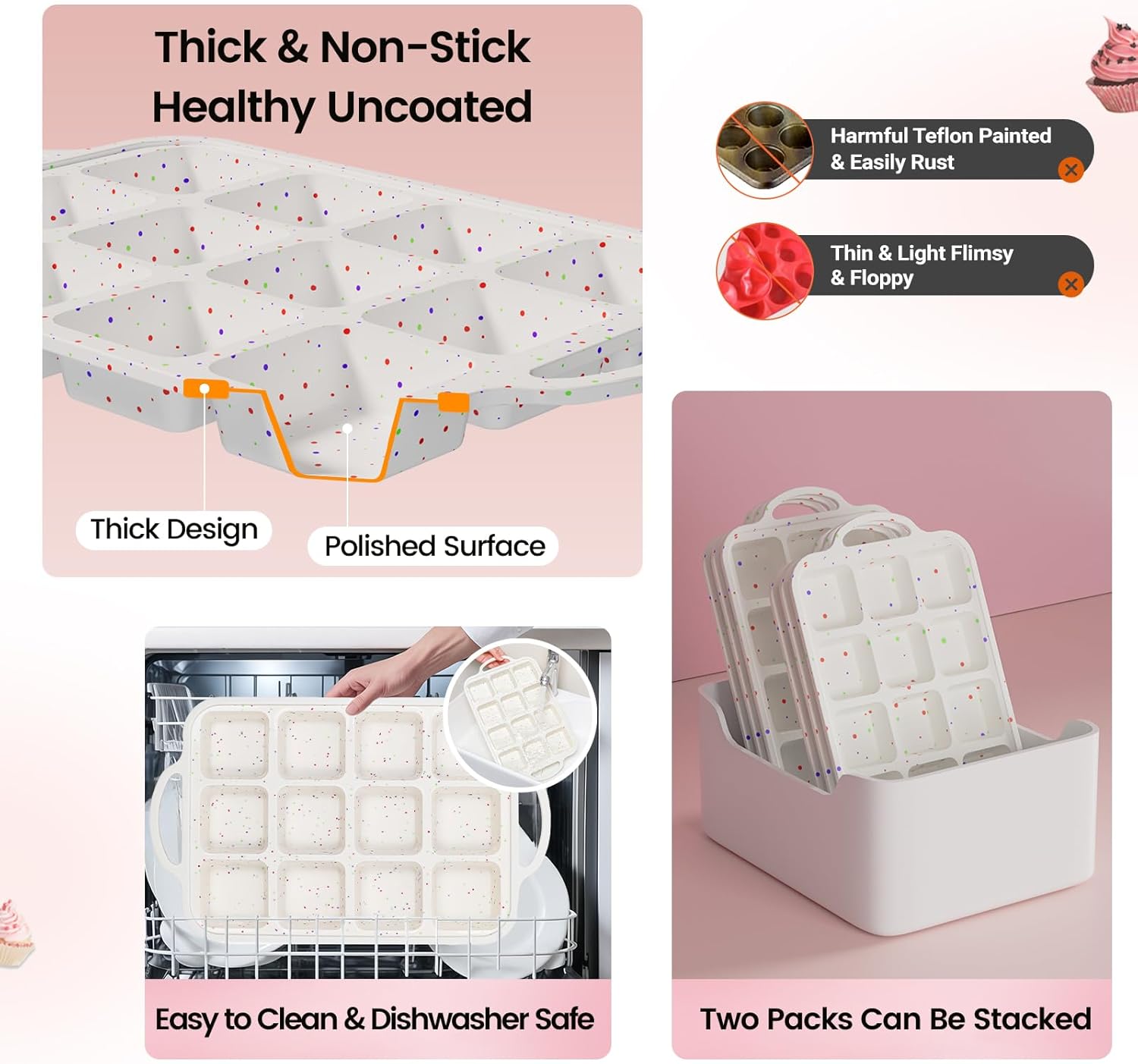 SJ Silicone Brownie Pan with Dividers, Metal-Reinforced Frame, 2-Pack (12 Cavity Each), Nonstick Food-Grade Silicone, Dishwasher Safe—Bakes Neat Squares for Brownies, Bars & Cornbread - Image 7