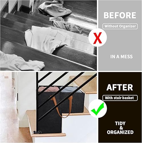 Vista 8 de Cesta de escalera con mango de cuero con deflector plegable para escaleras de madera de 16 pulgadas, organizador plegable para almacenamiento