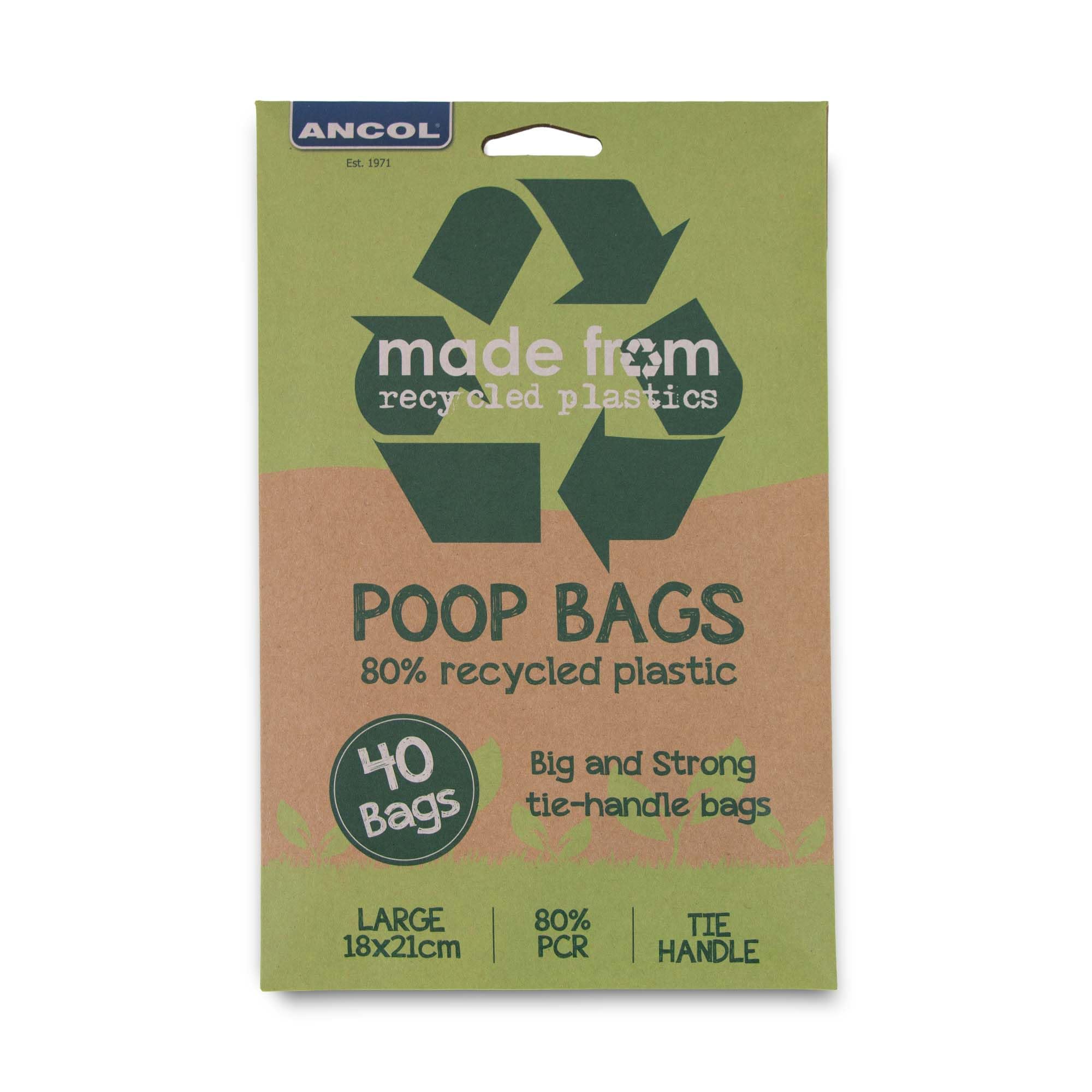 Ancol Dog Poop Bags with Tie Handles, 80% Recycled Content, Unscented, 40 Bags, 18x21cm
