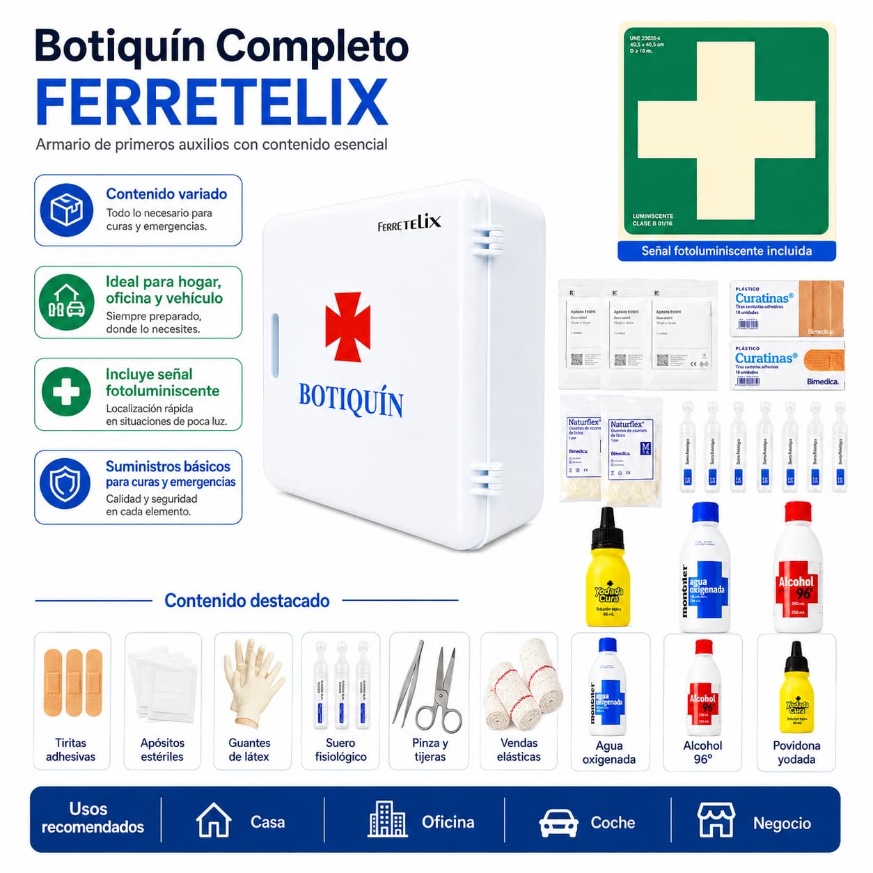 Ferretelix ® Armoire à pharmacie murale complète avec 56 pièces et panneau - Armoire de premiers secours 28 x 25 x 10 cm - Kit pour entreprise, bureau, atelier, commerce, école et maison