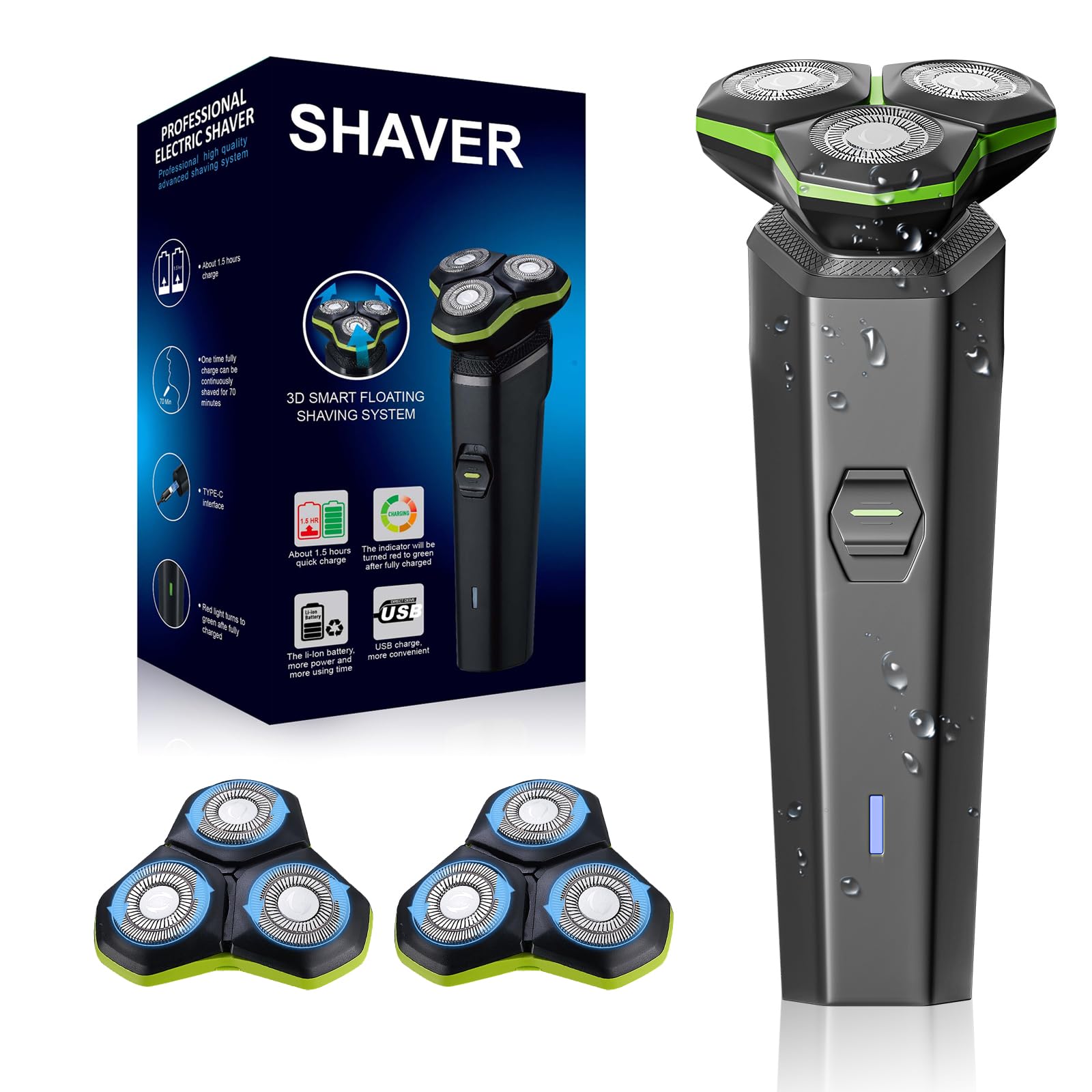 Electric Razor for Men, 2 Magnetic Razor Blades, Electric Shaver Black