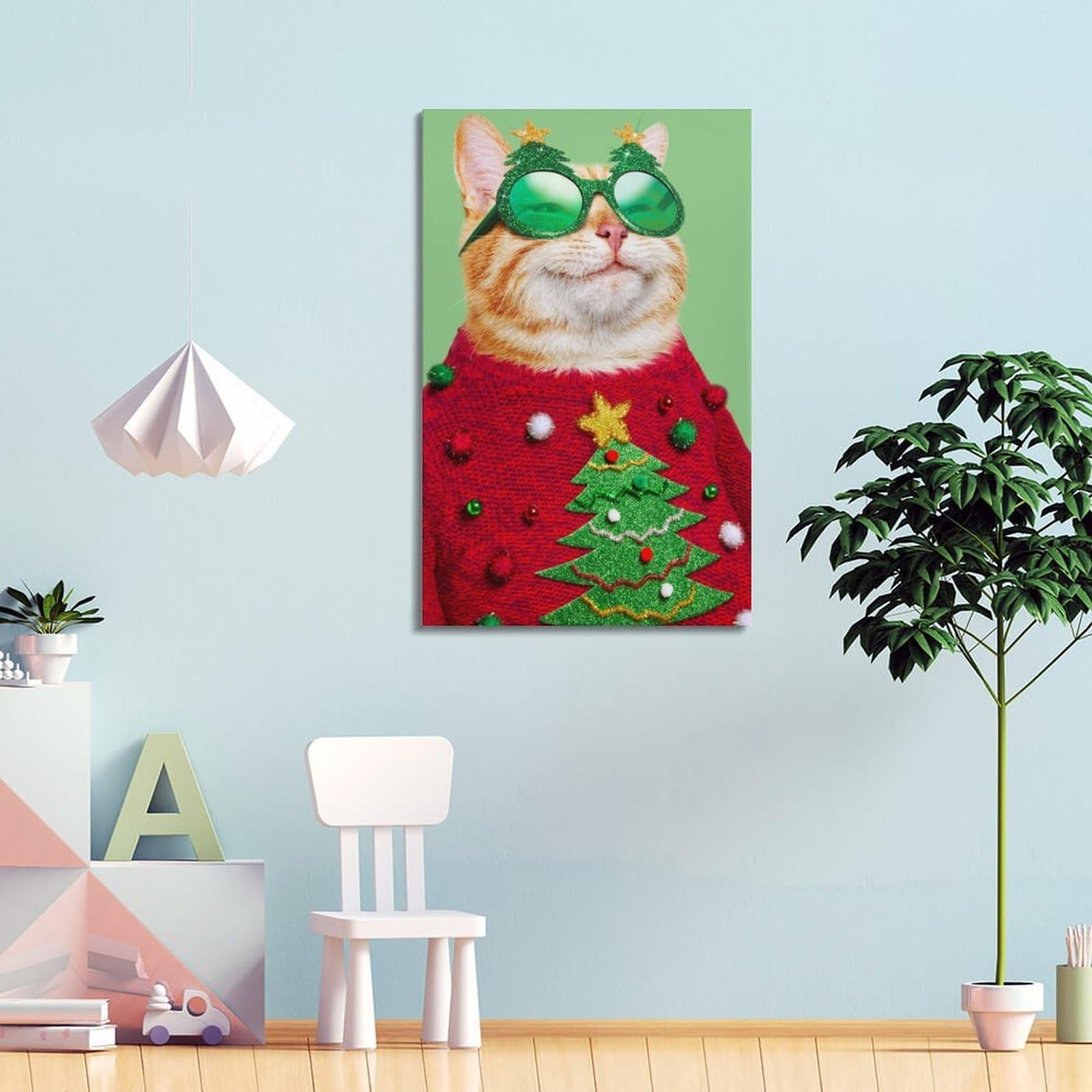 CWLLOG Stampe artistiche da parete su tela, poster natalizio con simpatico gatto che mostra divertenti festival, decorazione moderna per soggiorno e camera da letto, 50 x 75 cm