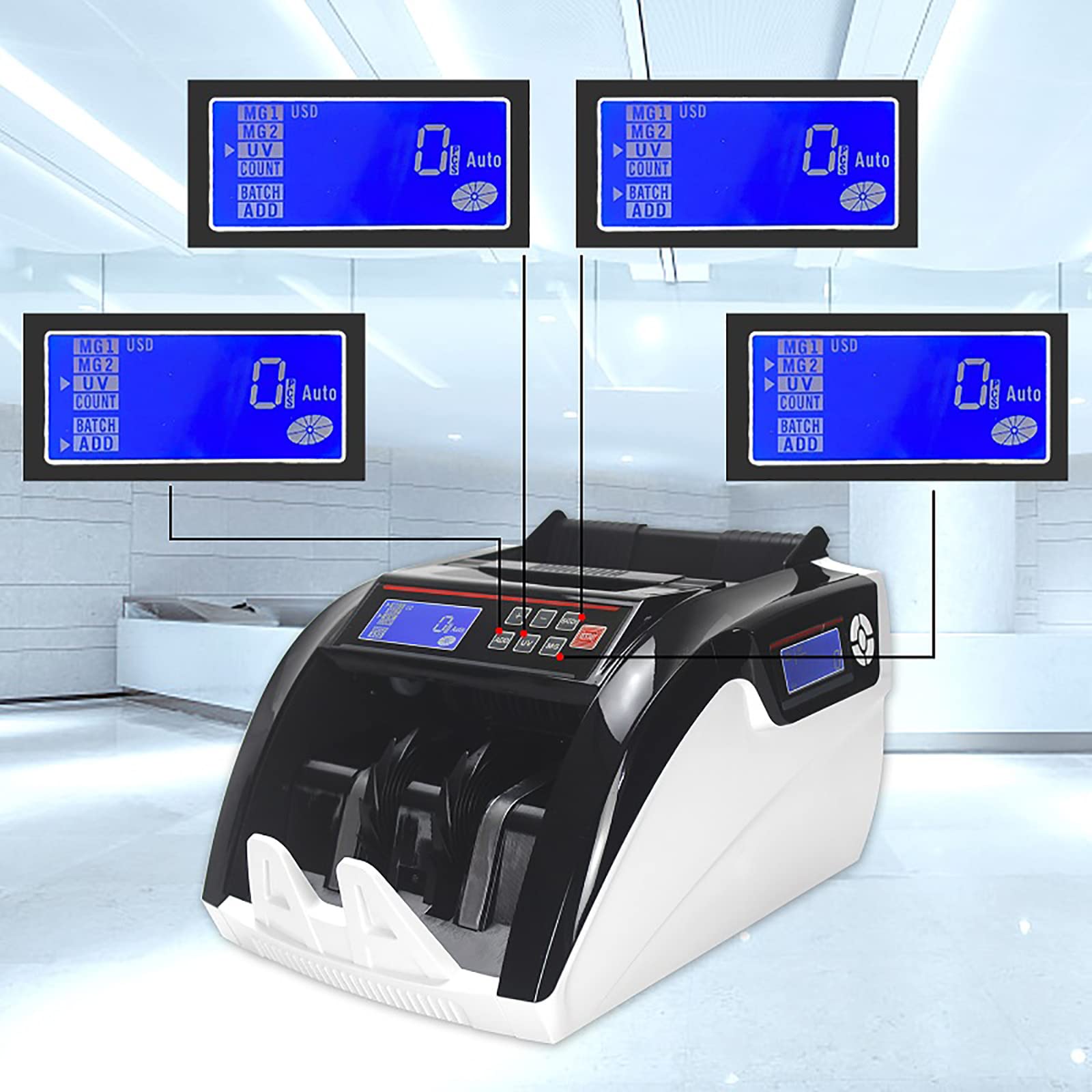 Conta Banconote Multifunzionale - Rilevamento UV/MG - velocità di conteggio di 1000 Banconote al Minuto - Ideale per Euro, USD, GBP - Aggiunta Perfetta per Banche e Negozi