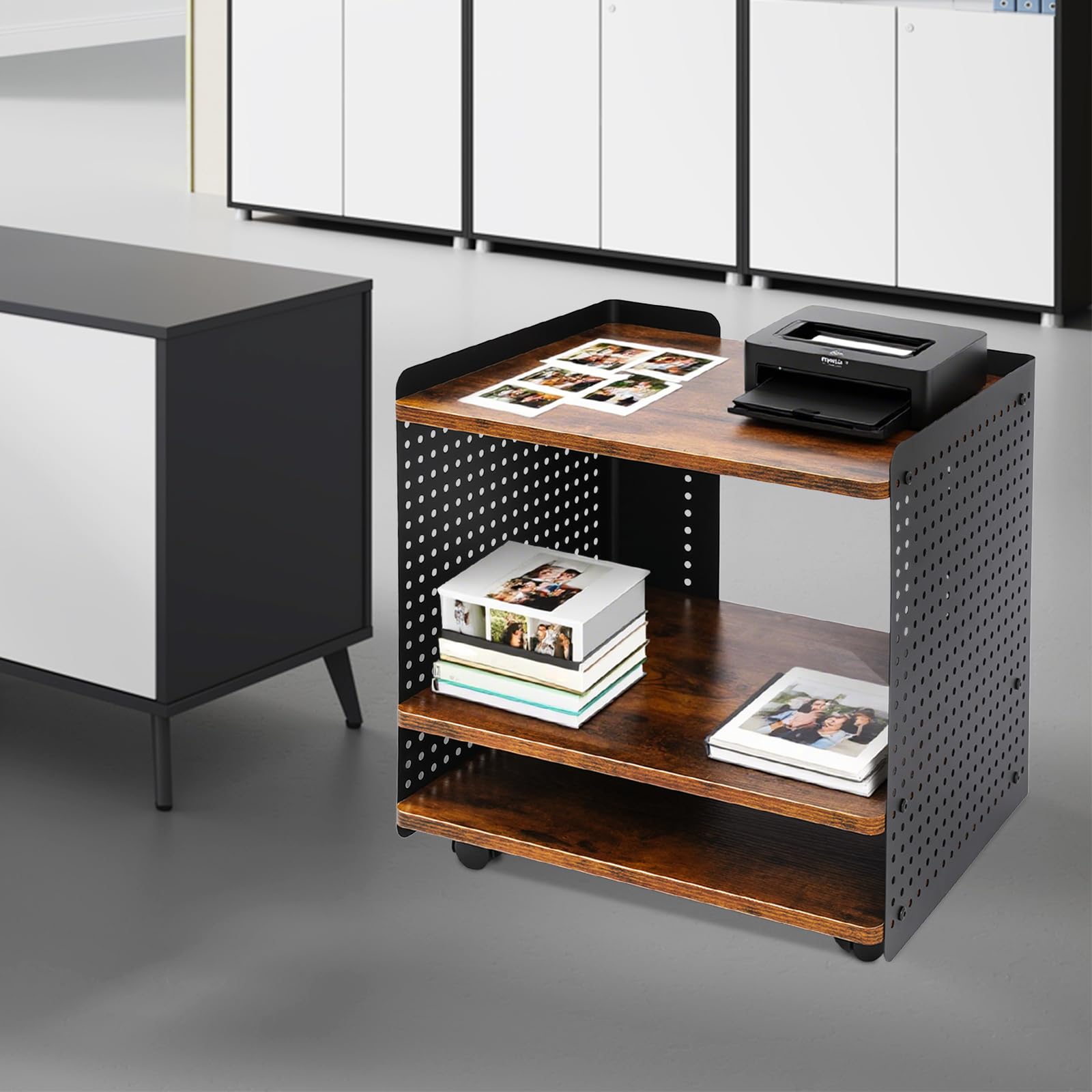 Mesa de impresora, 50 x 39 x 40 cm, soporte para impresora de 3 niveles, soporte para impresora móvil con organizador, estantería, archivador para oficina en casa (negro, marrón)