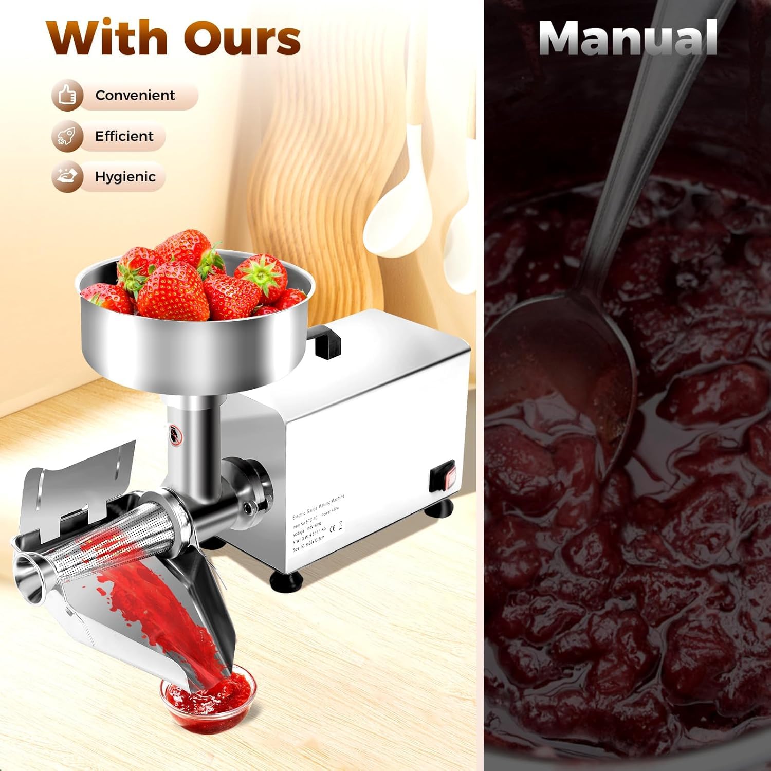 Passaverdure elettrico per pomodori, 450 W, 50 kg, pressa e passaverdure in acciaio inox con motore in rame puro, ideale per preparare salse professionali.