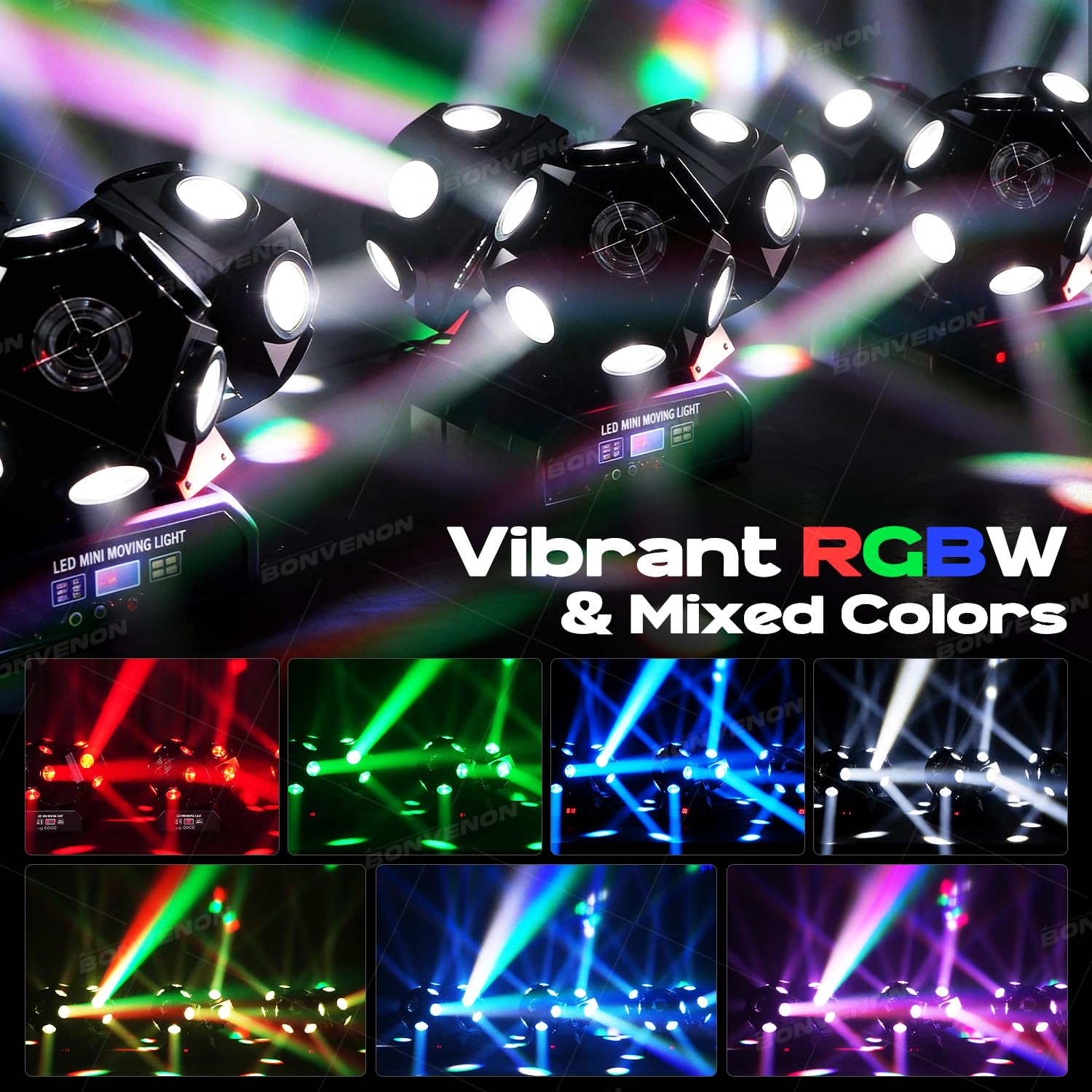 Lampe DJ à tête mobile avec LED RGBW et contrôle DMX – Éclairage de scène activé par le son pour club, fête, discothèque et événements de Noël