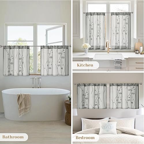 Miniatura 7 de HOMEIDEAS Cortinas traslúcidas grises de cocina de 30 x 24 pulgadas de largo, 2 paneles bordados de línea ondulada con patrón en espiral, cortinas