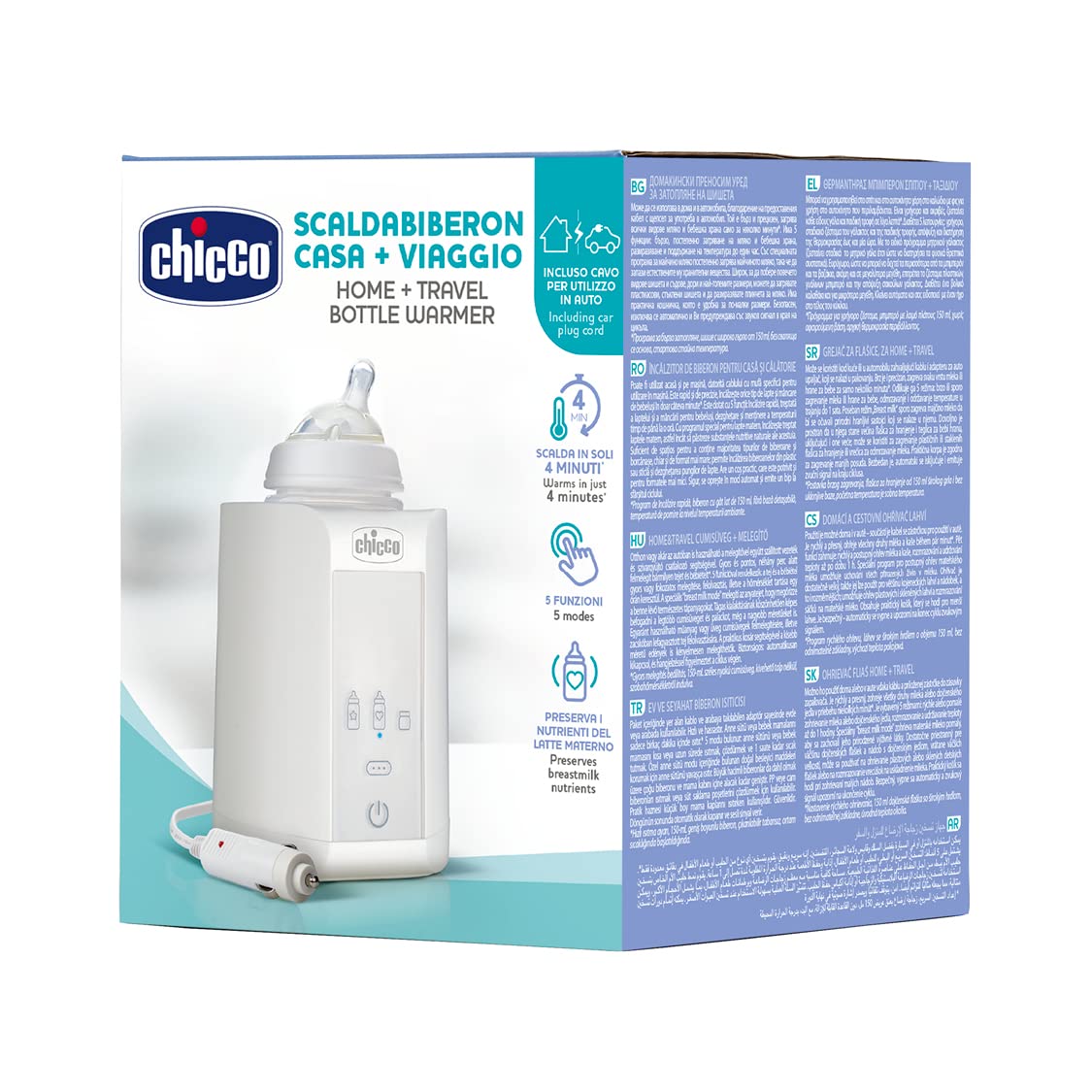 Chicco Scaldabiberon Portatile da Viaggio e Scalda Pappa con 3 Programmi e Spegnimento Automatico, Scalda in Modo Graduale, Anche per Vasetti e Latte Materno, Mantiene il Calore, 220W, Bianco, 1 Pezzo