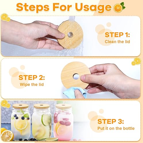 Miniatura 5 de Tapas de tarro de bambú con agujero para pajita, tapas reutilizables para tarros de bambú a prueba de fugas, tarros de almacenamiento para beber,