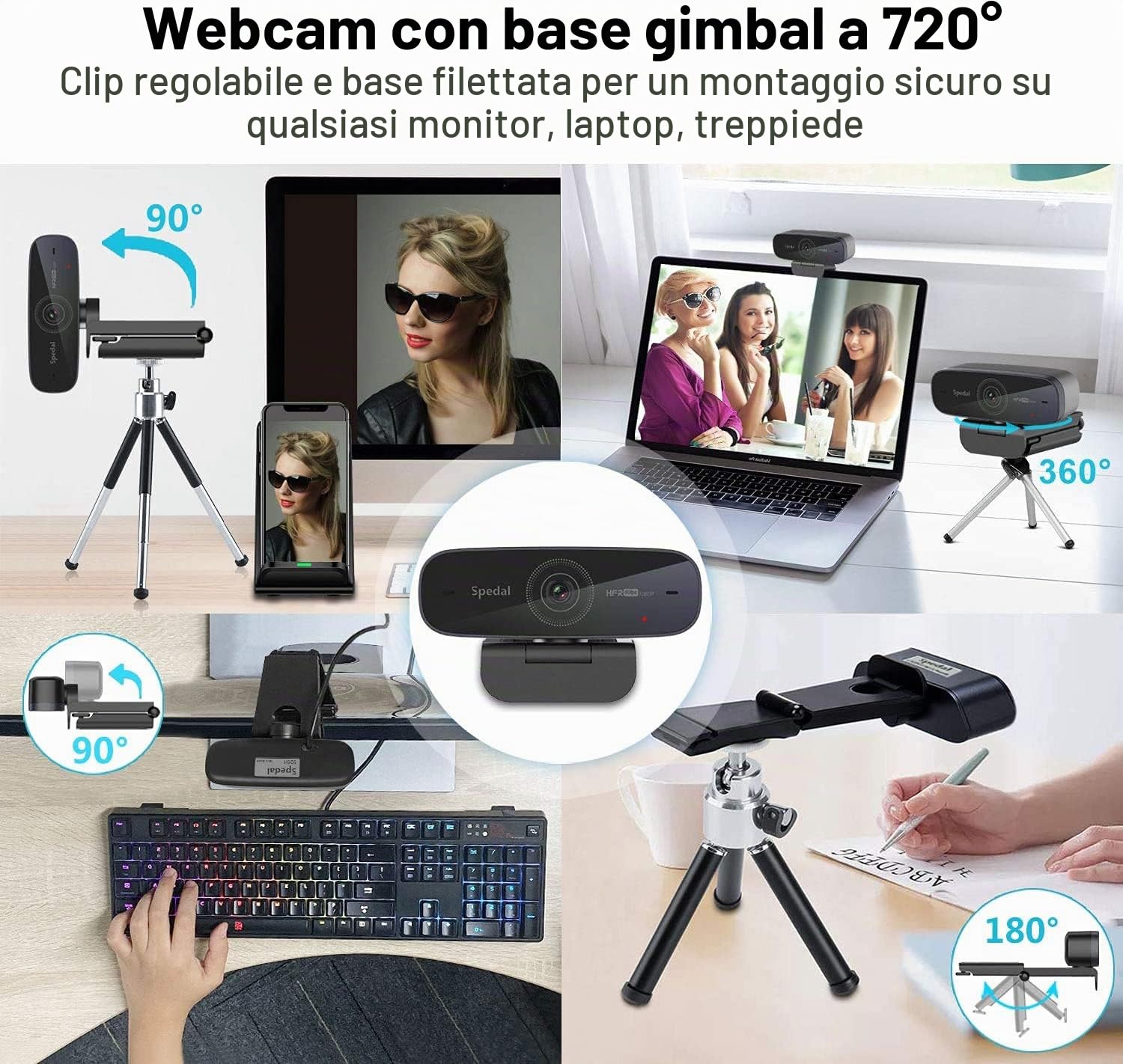 Spedal Webcam 1080p 60fps, 2 Microfoni, Autofocus Live Streaming Camera con Microfono, Webcam USB per OBS XSplit Facebook Skype Youtube, Compatibile per Mac OS Windows 10/8/7