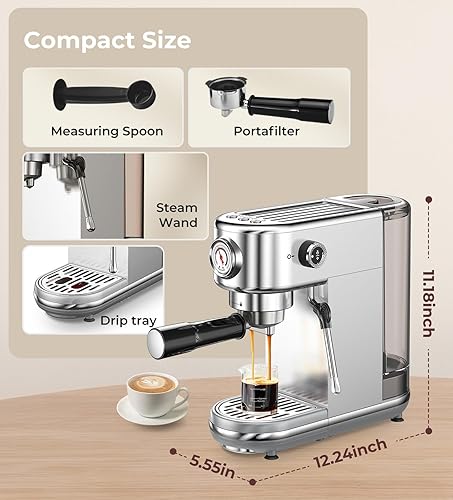 Miniatura 9 de Máquina de café expreso con espumador de leche, 20 bares de alta presión profesional, máquina de café automática, compacta de acero inoxidable para