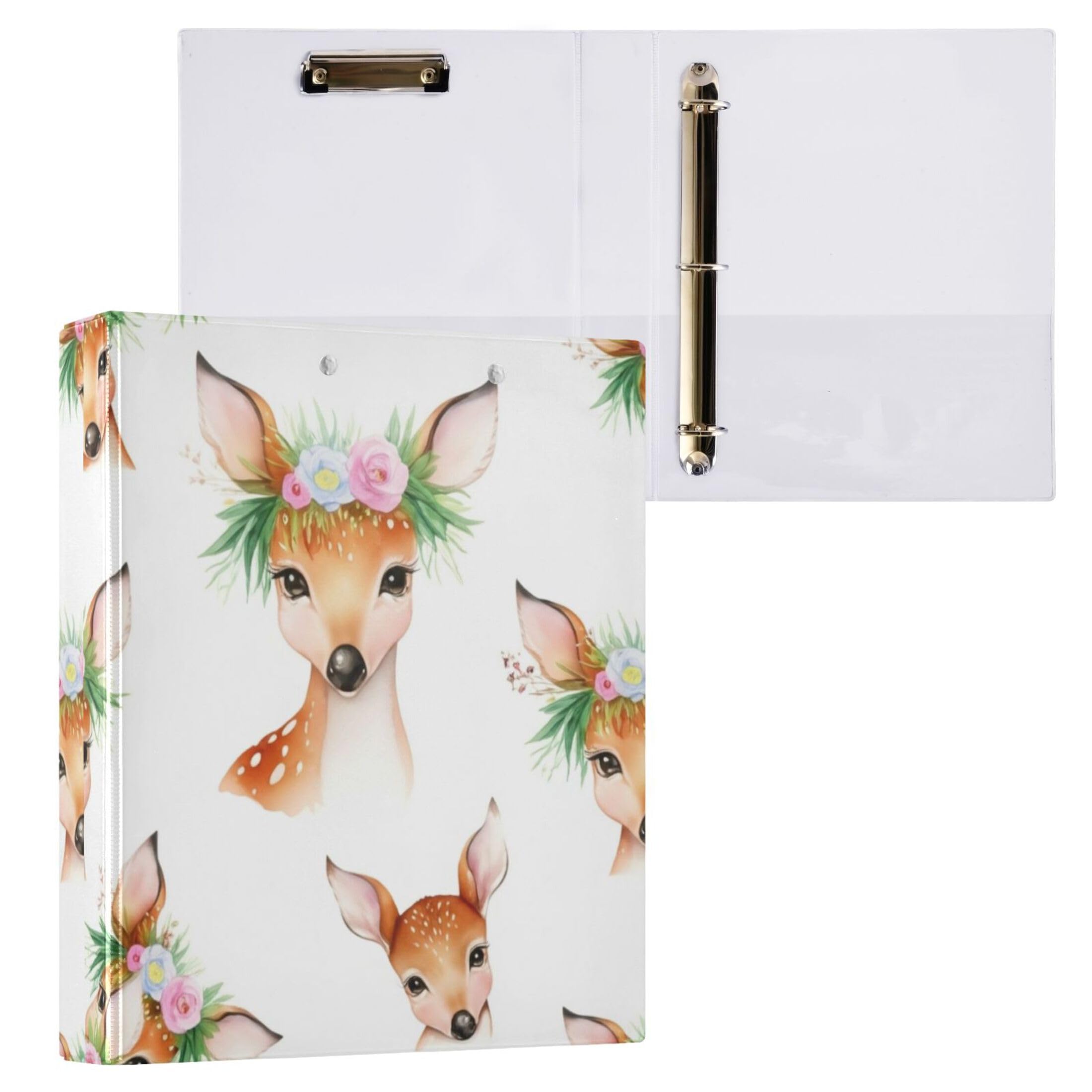 Lot de 2 classeurs personnalisés avec oreilles de cerf et fleurs blanches de 3,8 cm, 3 anneaux pour 200 feuilles, 31,5 x 27 x 6 cm