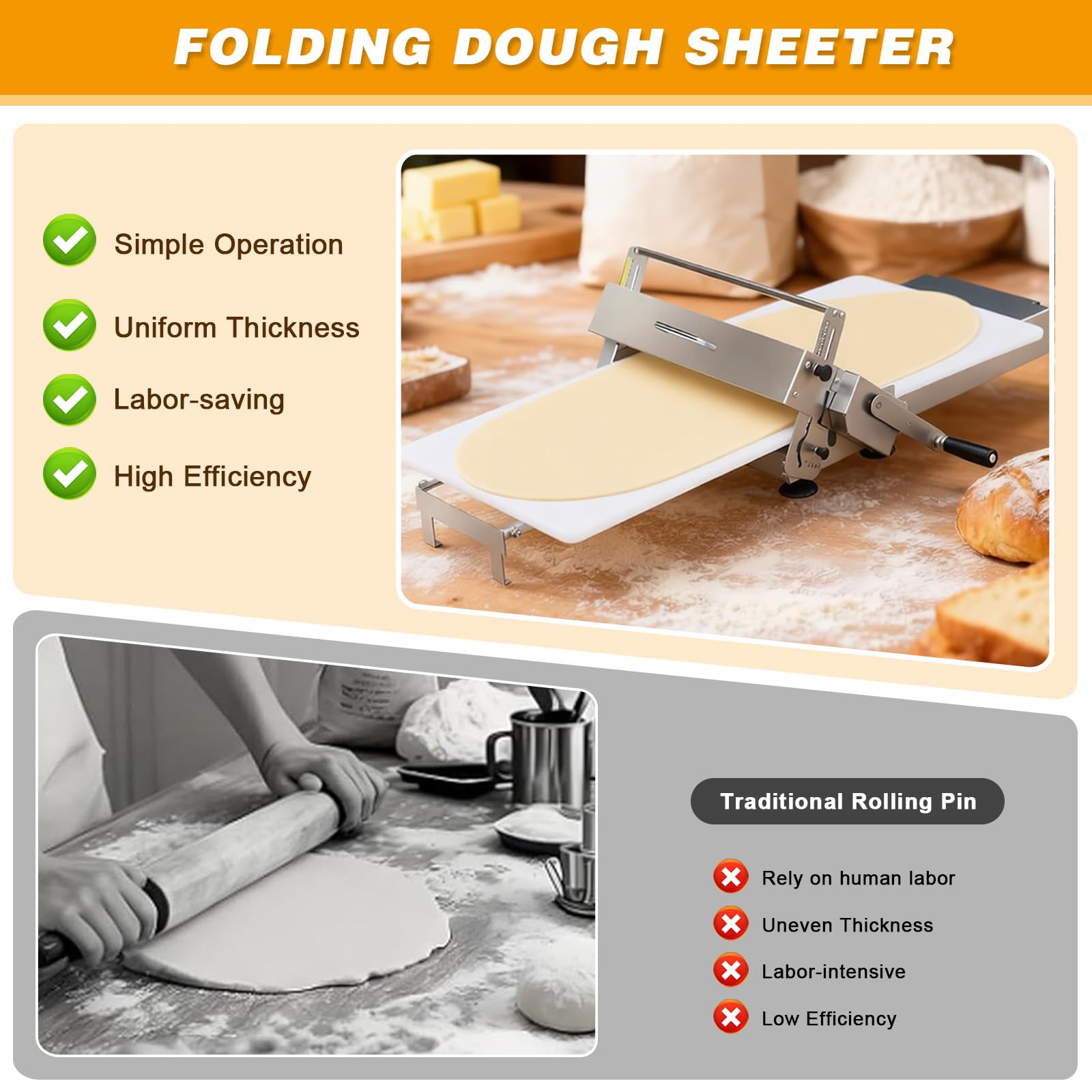 Macchina per sfogliare l'impasto, rullo di spessore regolabile manuale per cornetti, pizza e pasticceria, design da tavolo in acciaio inossidabile per cottura domestica e commerciale