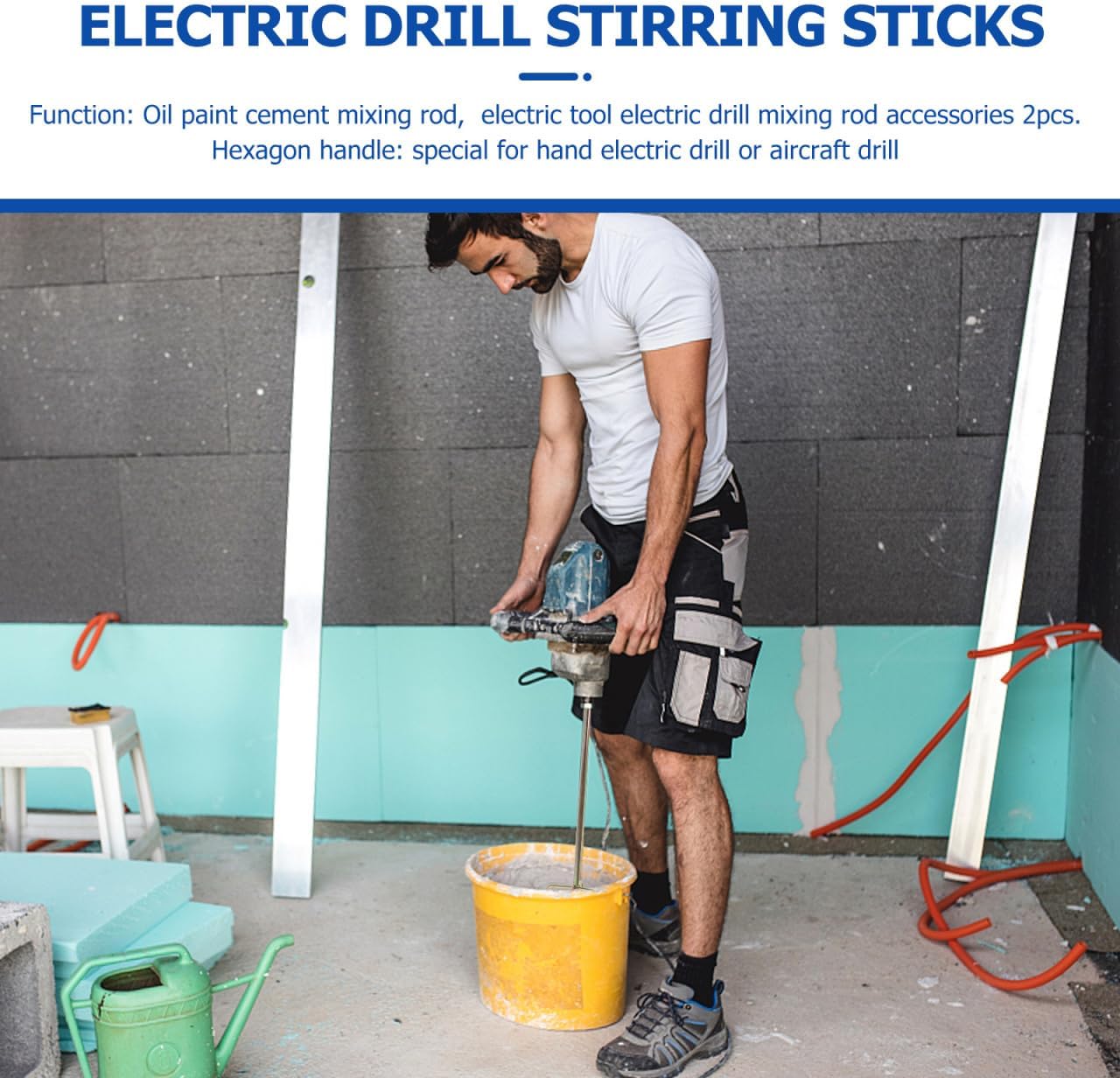 Angoily 2 pcs Electric Drill Mixing Rods Concrete Mixing Paddle Attachment for Paint Grout Mud Putty Reusable Metal Stir Sticks for Construction Site and Home Use image 5
