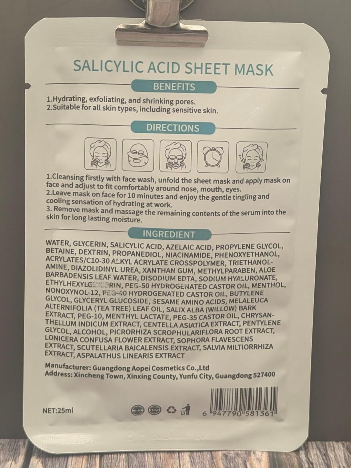 AOPEIBOTO Salicylic Acid Mask, Acne Face Mask with Centella Asiatica Extract, Tea Tree Leaf Oil, Hydrating, Pore Minimizing & Exfoliating, Pack of 10