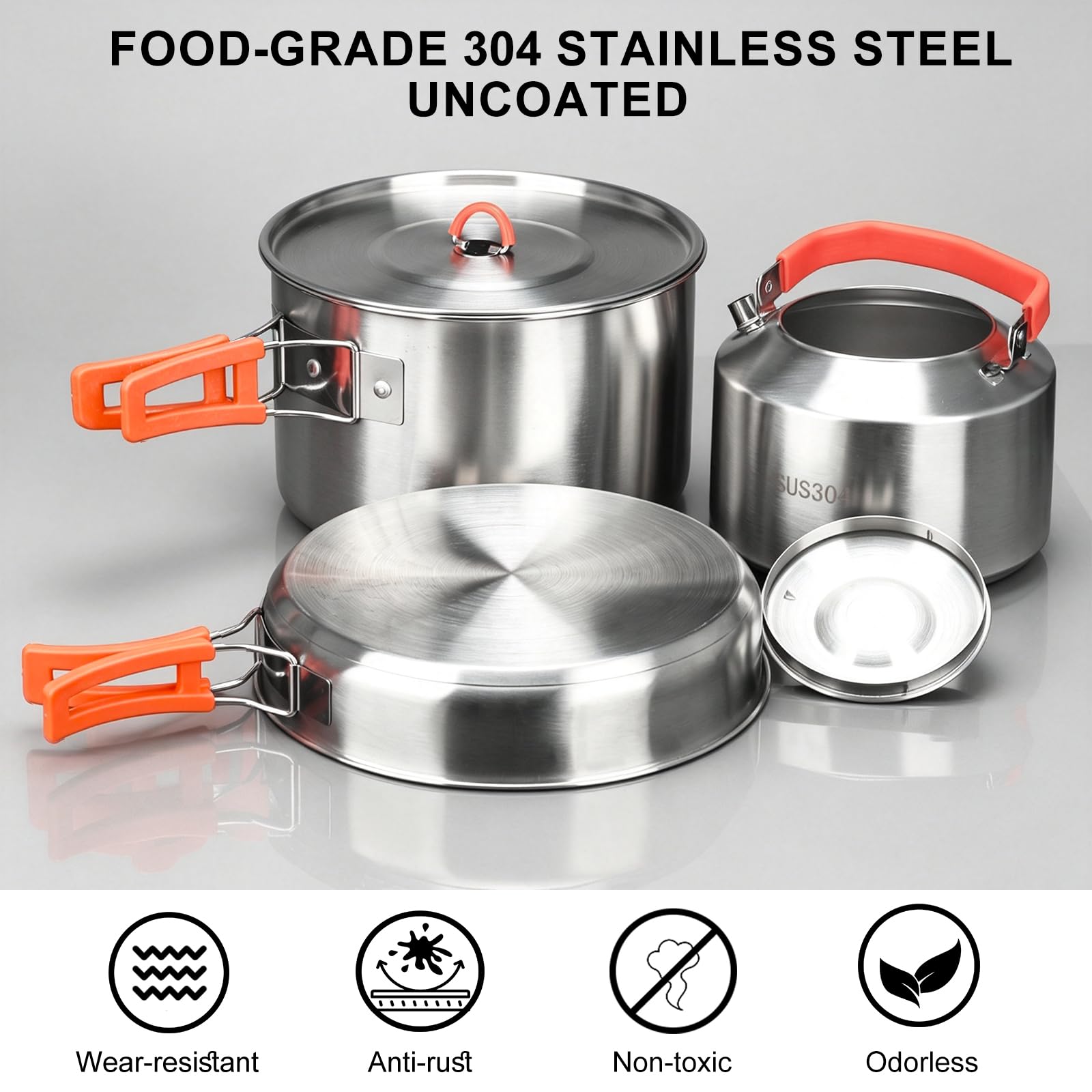 Juego de utensilios de cocina de acero inoxidable 304 para camping, sartén, olla y hervidor de agua con mango plegable, ligero, hervido rápido, apto para interiores y exteriores, para pesca
