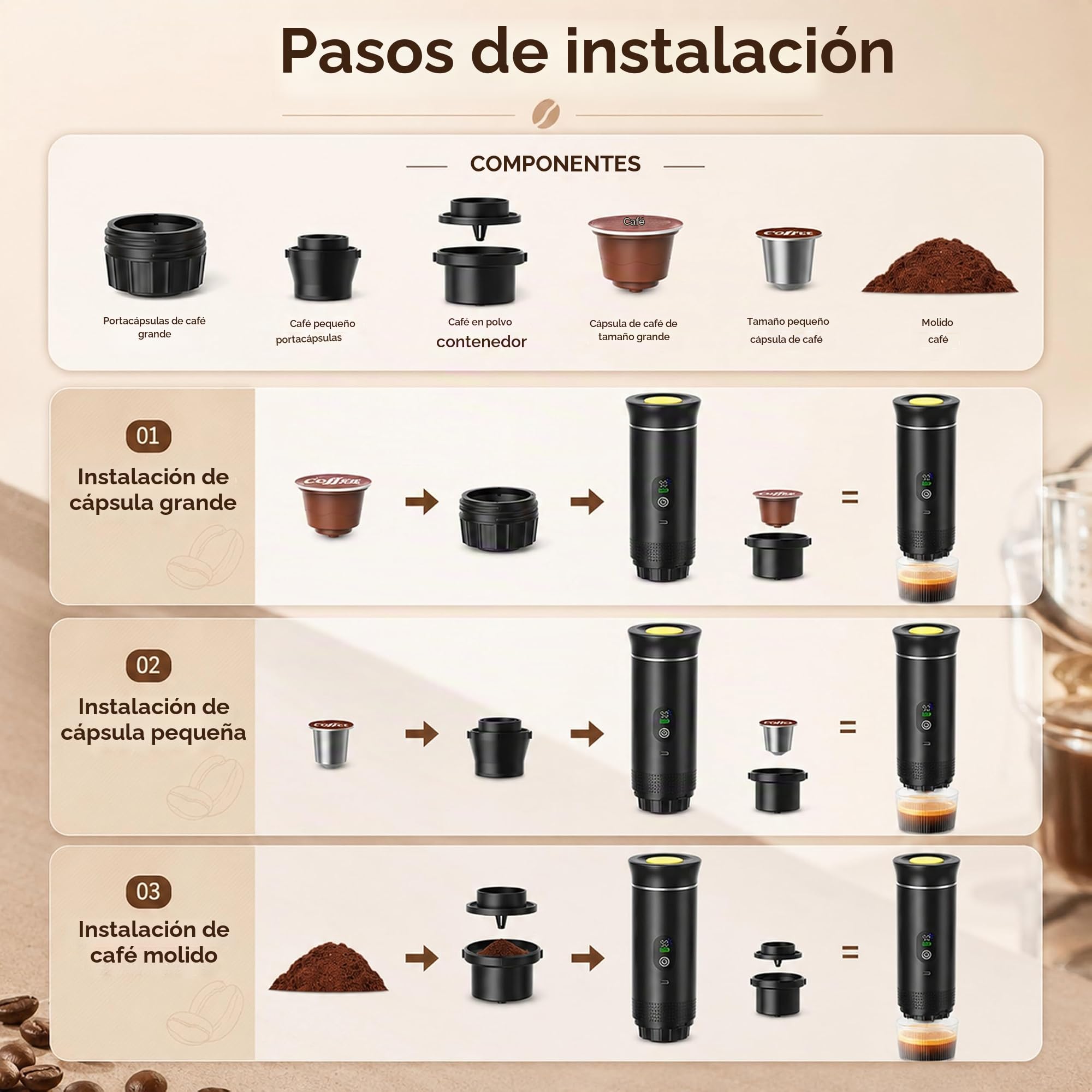 Cafetera portátil eléctrica con pantalla digital, cafetera de viaje compacta, negro