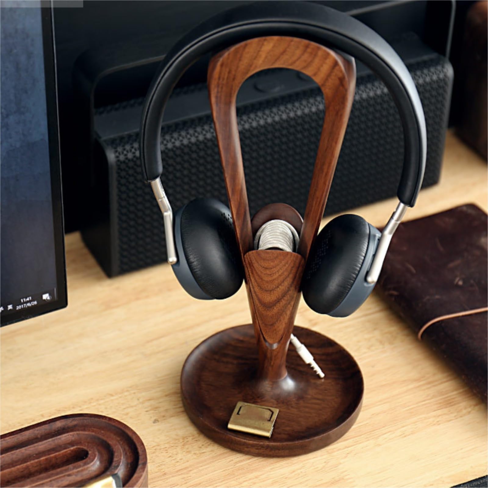Supporto per Cuffie con Gancio in Legno di Noce e Acero per scrivania, Ufficio, PC da Gaming.