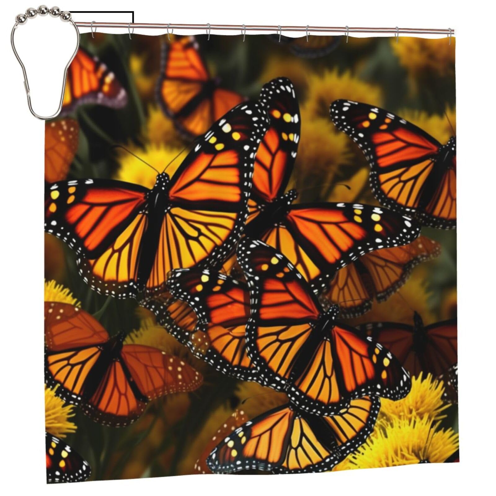 FodPand Monarch Butterflies Shower Curtain 70"x70" Waterproof Long Bathroom Curtain Heavy Duty Thick Cloth Bath Curtain Set with Hooks, Modern Abstract Art Pattern Bathroom Shower Curtains