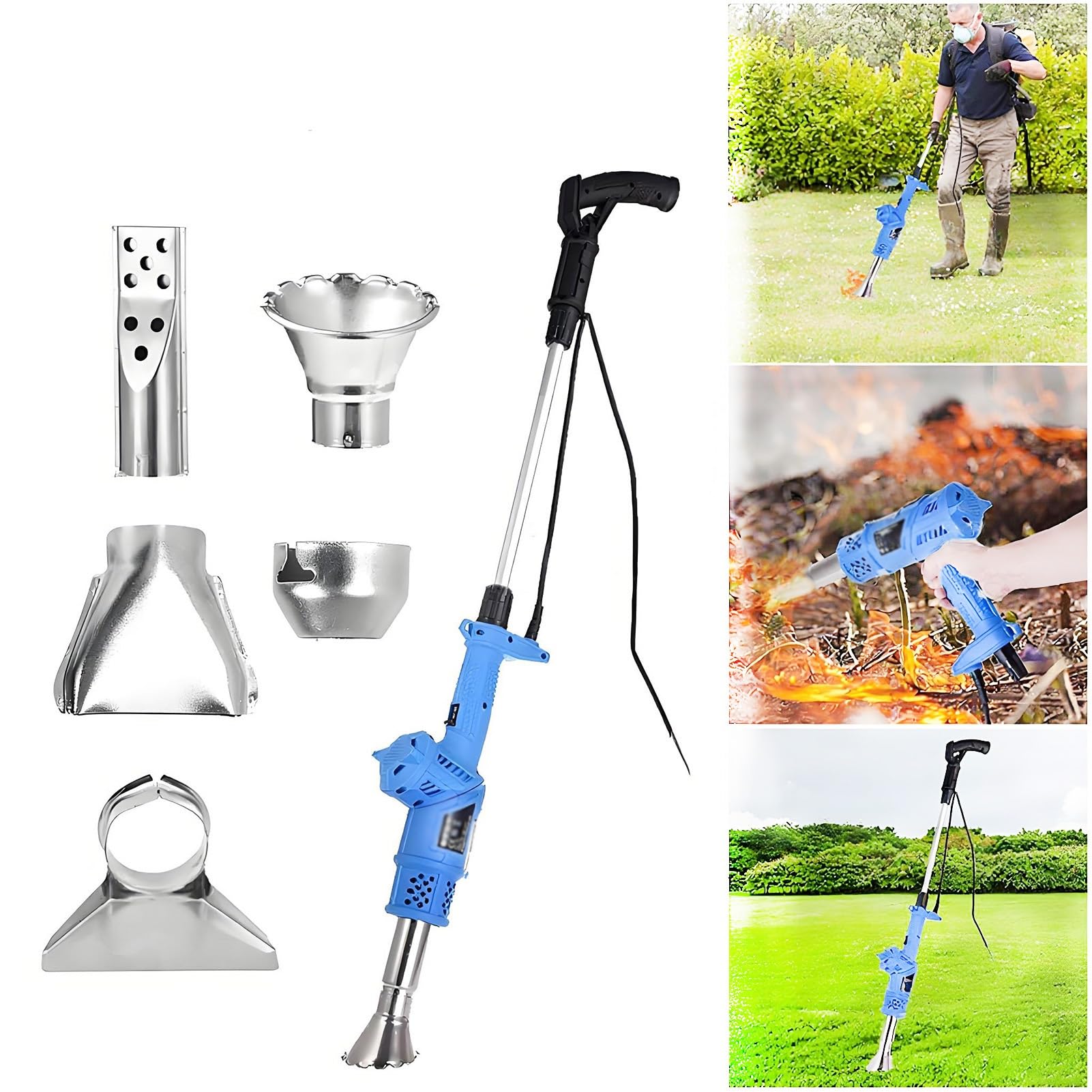 Generisch 3-in-1-Elektro-Unkrautbrenner, 2000-W-Thermo-Unkrautvernichter und Heißluft-Heißluftpistole, inklusive 5 Düsen, ideal for Gartengras, Grillzündung, Eisschmelzen(Blue)