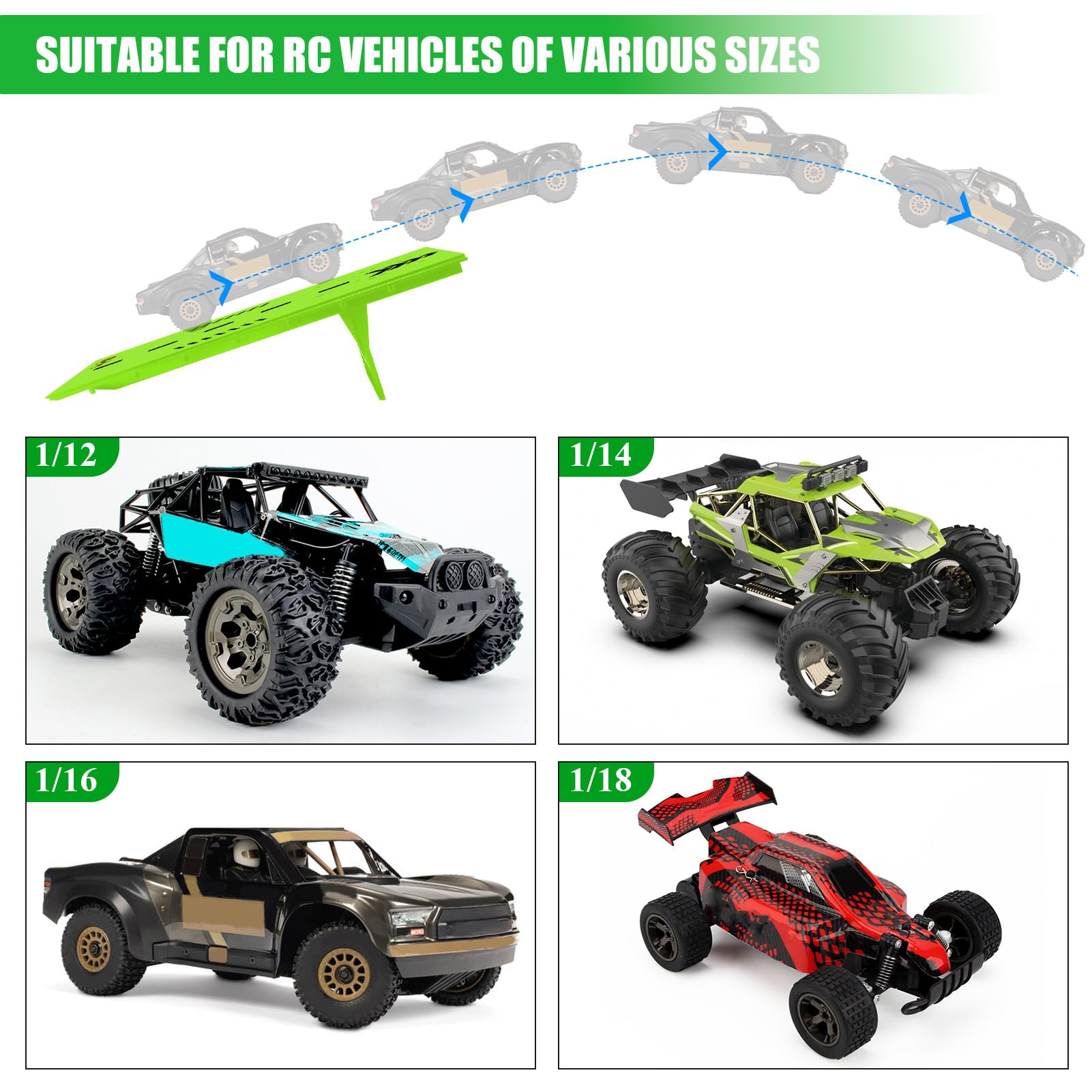 Rampa de arranque de coche RC Rampa RC para saltar acrobacias juego para 1/14 1/16 1/18 1/24 modelo de coche a control remoto, verde