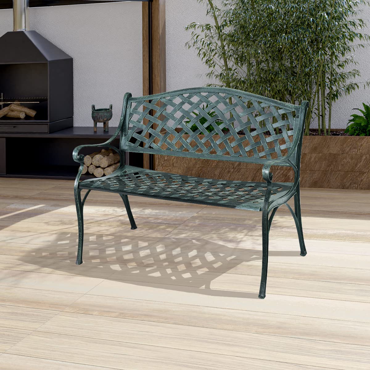 KOMFOTTEU Banco de Jardín de 2 Plazas, Banco de Parque de Aluminio con Carga de 280 kg, Asiento para Exterior con Respaldo Alto y Reposabrazos, para Balcón, Patio, 103 x 60 x 83 cm