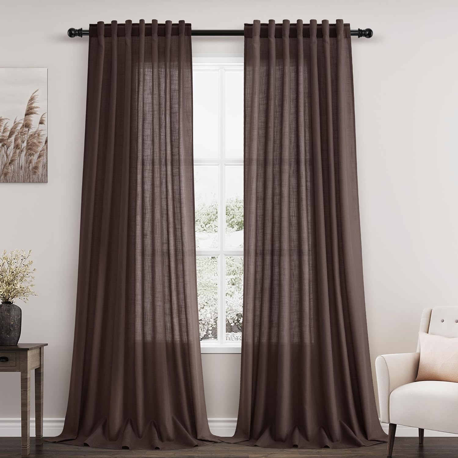Nanspring Coffee Boho Curtains for Bedroom Back Tab Rod Pocket Semi Sheer Linen Curtains 90 Inches Long 2 Panel Set Light Filtering Neutral Farmhouse Lightweight Drapes for Living Room 52x90 52"W x 90"L (Pack of 2) Coffee