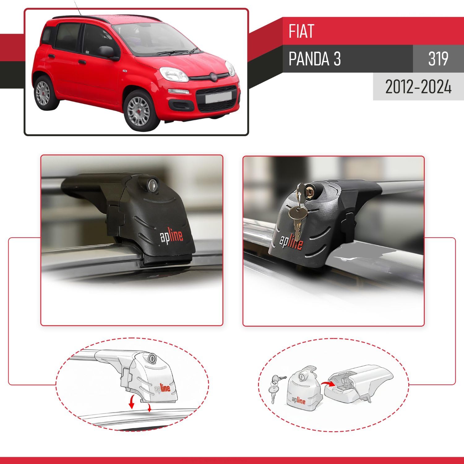 Compatibile con Fiat Panda 3 (319) 2012-2024 Ace-2 Barre Tetto Portapacchi Auto Barre Portatutto Grigo Alluminio 2 Barre