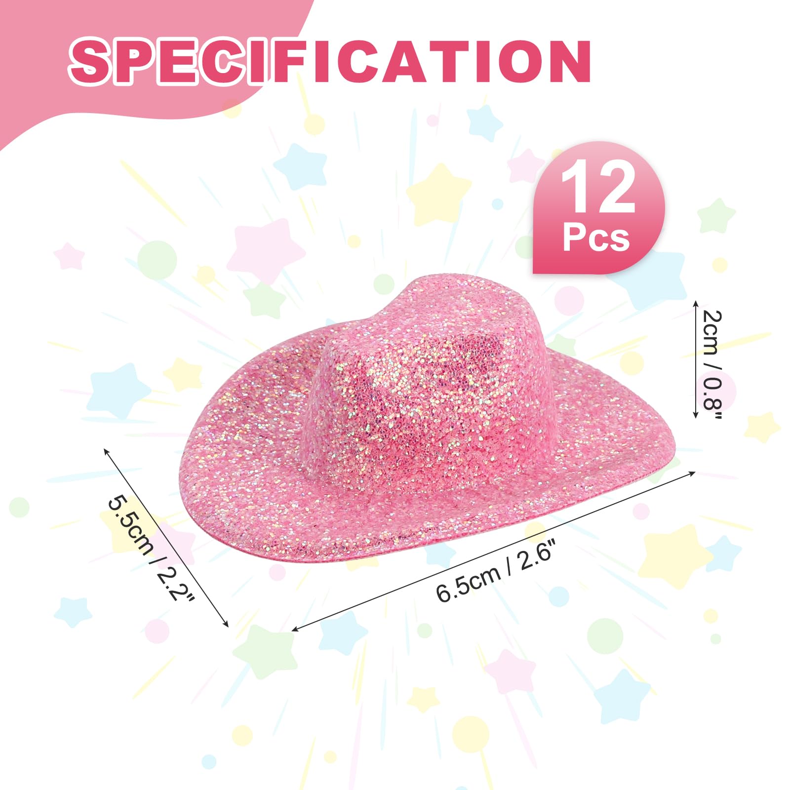 PATIKIL Mini Cowboy Hats, 12 Pcs Miniature Western Cowboy Hat for Crafts Party Decoration, Doll Pet Dress Up, Glitter Style, Lotus Pink - Image 2