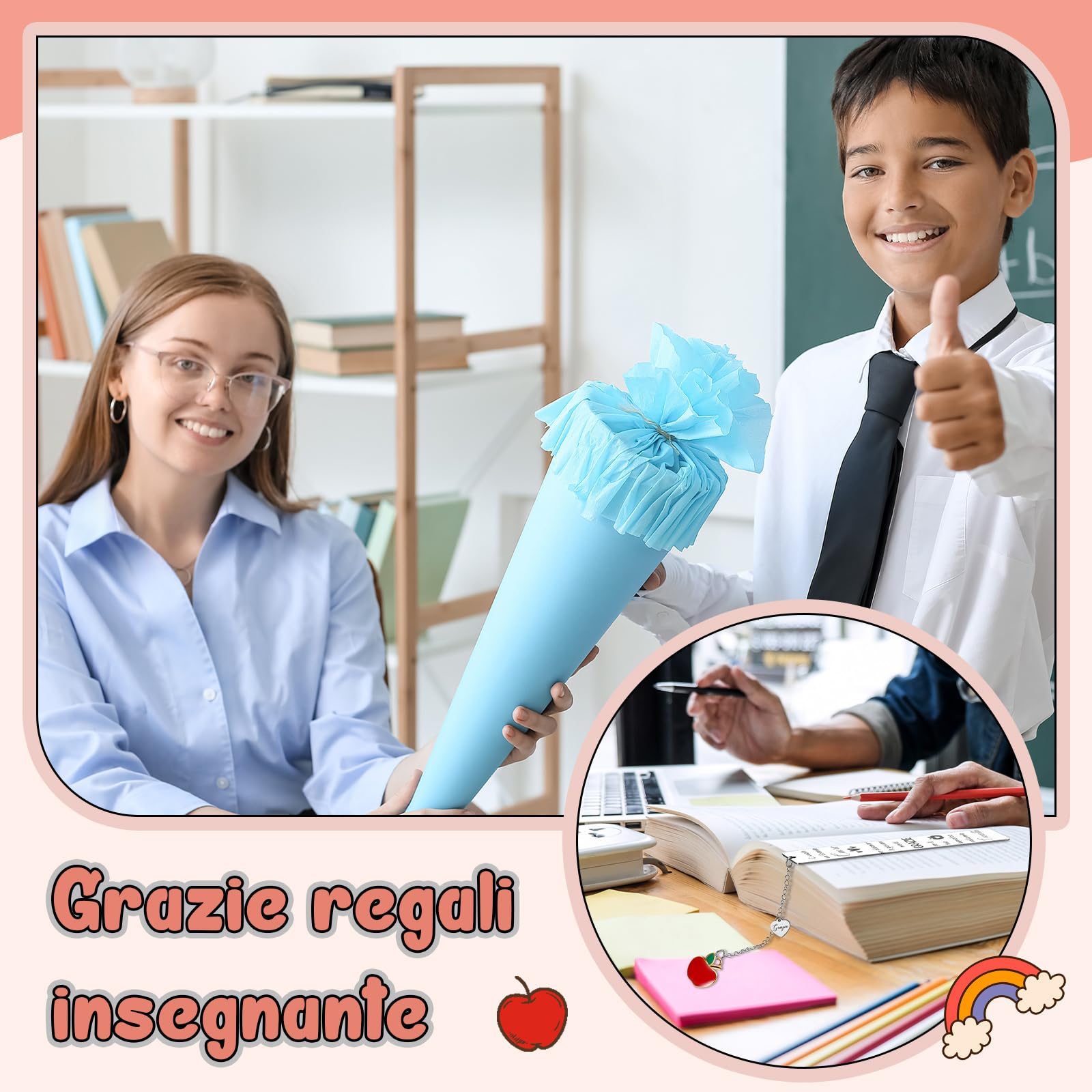 Tenare 6 Set Idee Regalo Insegnanti Include 6 Segnalibri Maestra 6 Portachiavi Insegnanti 6 Biglietti Arcobaleno e 6 Buste Regalo Maestra Fine Anno per Asilo Ci Vuole un Grande Cuore