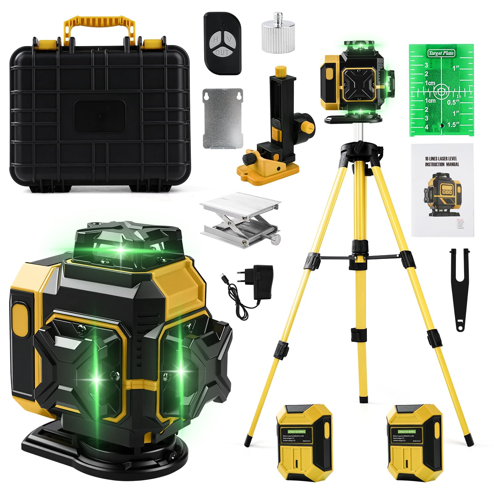Uadme Nivel Laser Autonivelante 4 x 360°, Niveles Láser Verde 16 Líneas, Nivel Laser con Trípode, 2 x Batería, Control Remoto, Base Magnética, Soporte Giratorio (Amarillo)