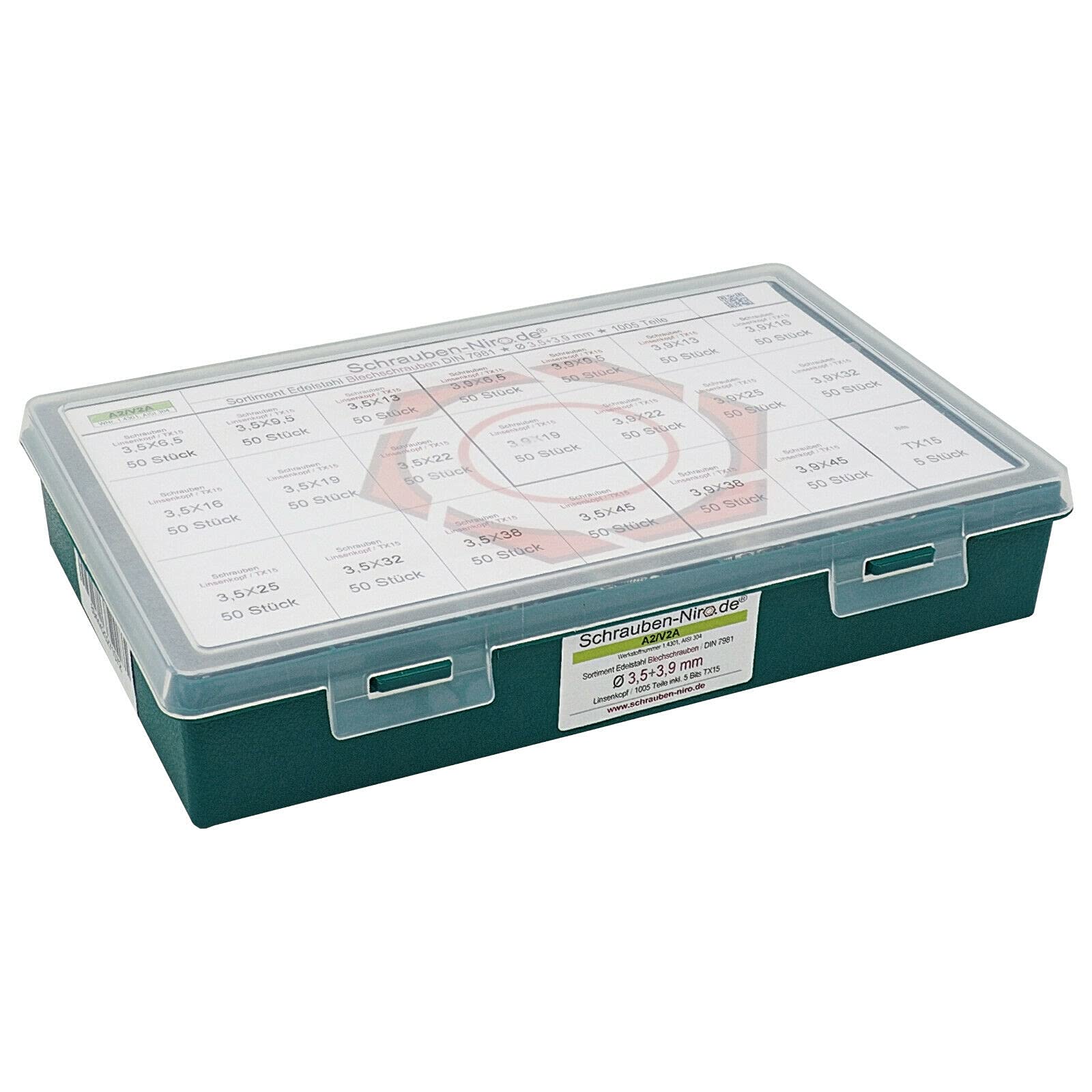 Sortiment Linsenkopf-Blechschrauben Edelstahl 3,5 und 3,9 mm Durchmesser - ISO 14585 / DIN 7981 - Linsenblechschraube mit Innensechsrund (Torx) T15 - Werkstoff A2 (VA / V2A) - 1005 Teile