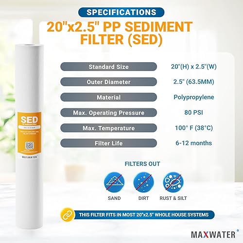 Miniatura 2 de Max Water Slim Blue - Cartucho de repuesto para filtro de agua de sedimento de polipropileno soplado por fusión de 1 micrón, 20 x 2.5 pulgadas