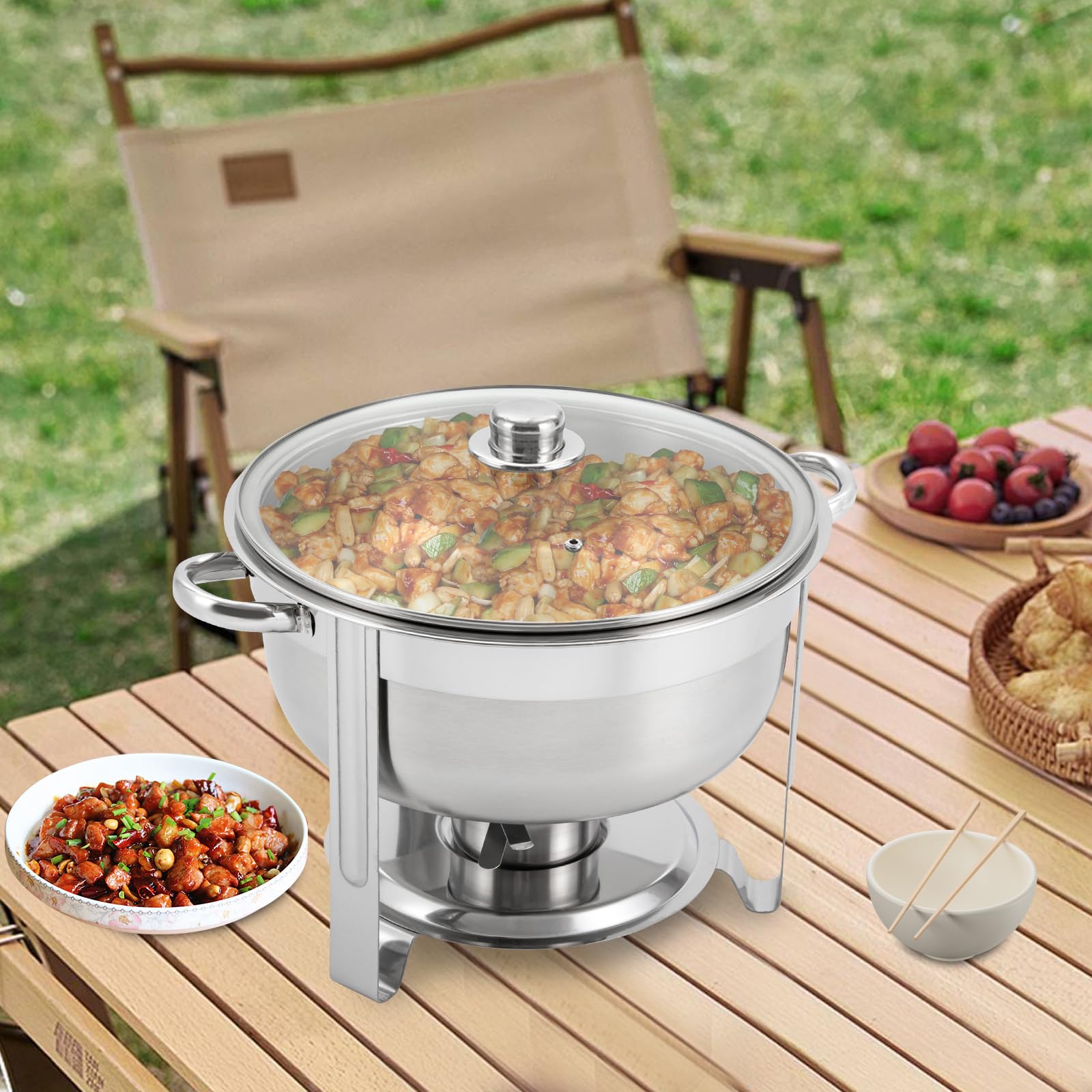 Set da buffet rotondo Chafing Dish in acciaio inox con padella e coperchio, contenitore termico per alimenti, per feste, cene, hotel e altre occasioni