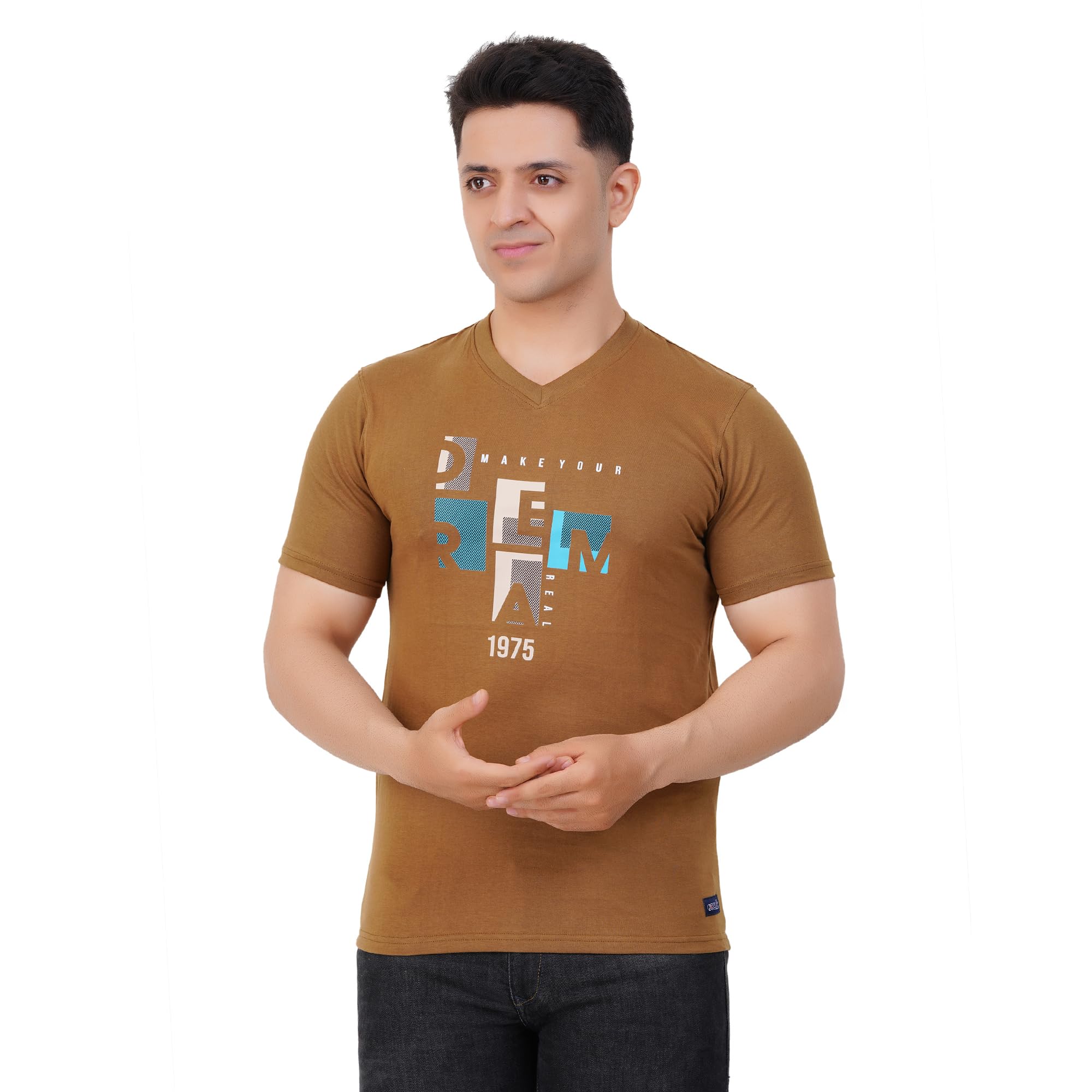 Occult Men V Neck Printed Vibe T-Shirt | Soft & Breathable 100% Cotton Tee for Daily Casual Wear | Relaxed Fit Half Sleeve T-Shirt for Men - Pack of 1(Rust;2XL)