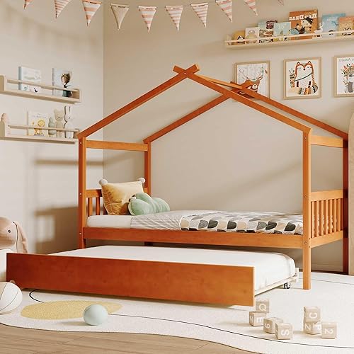 Cama individual de casa con nido para niños, cama individual de madera con techo, marco de cama de plataforma de tamaño individual, cama con dosel