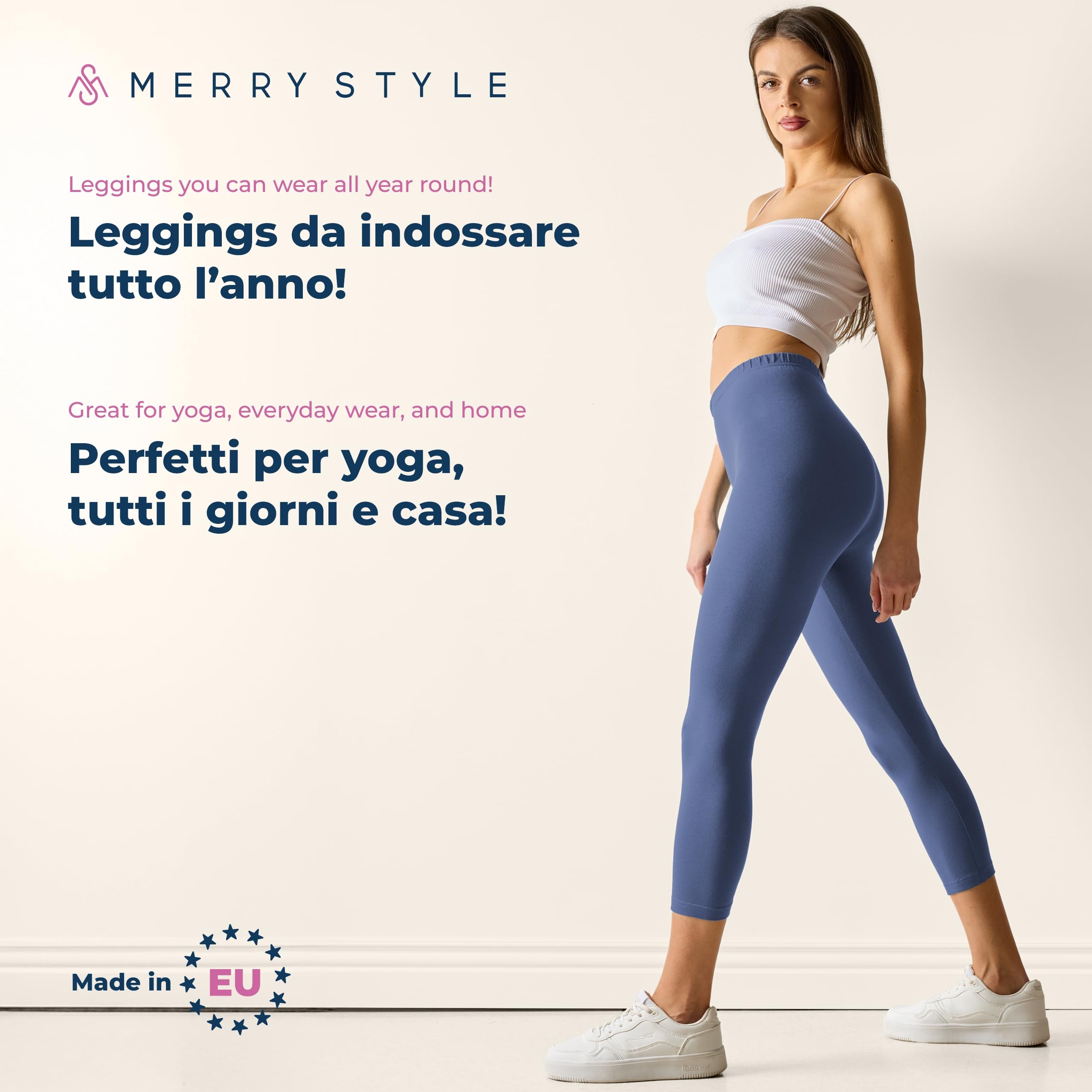 Merry Style Leggings Donna 3/4 Pantaloni Capri Morbidi e Confortevoli Leggins Donna in Cotone Traspirante Elastici e Delicati sulla Pelle Sensibile MS10-199