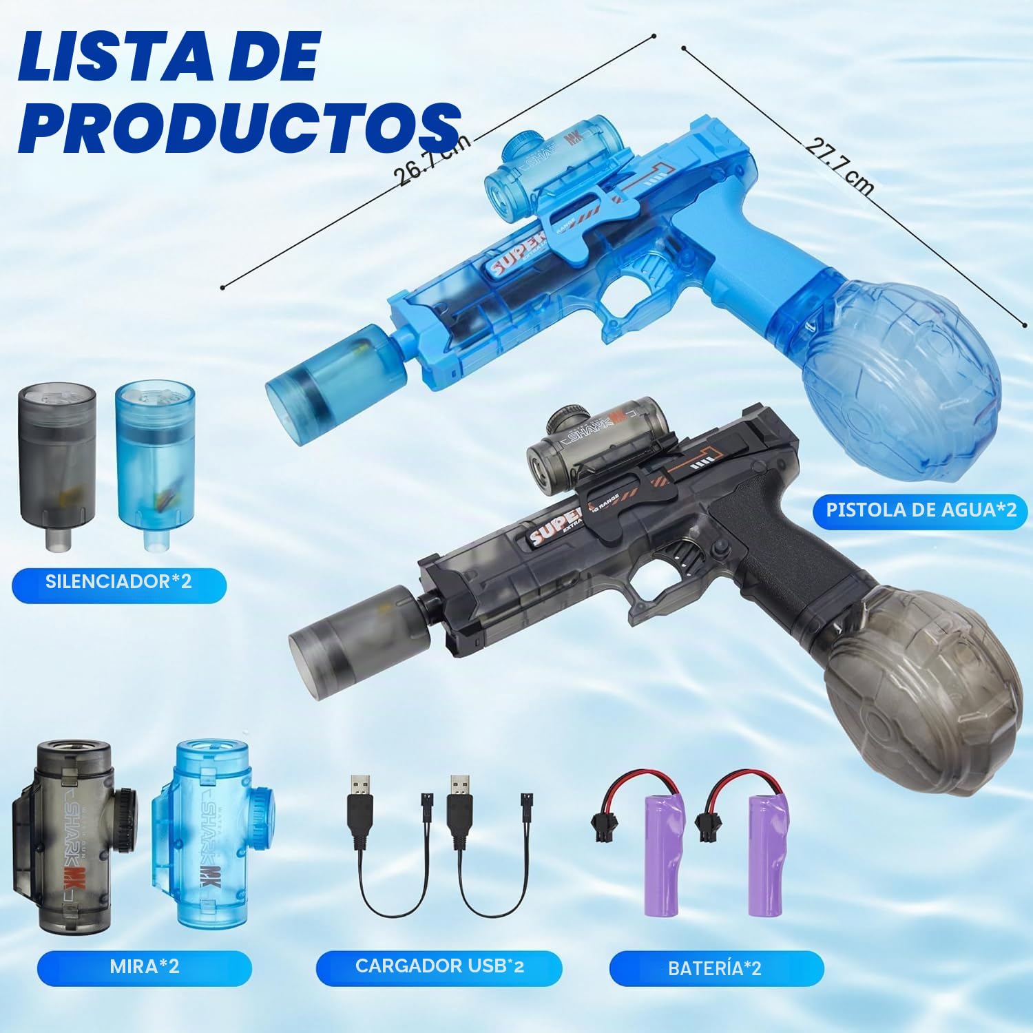 Pistola de agua eléctrica 2 piezas, pistola de agua eléctrica Splasher totalmente automática para niños y adultos, pistola de agua con energía acuática, pistola de agua 320 cc, capacidad de juguete de