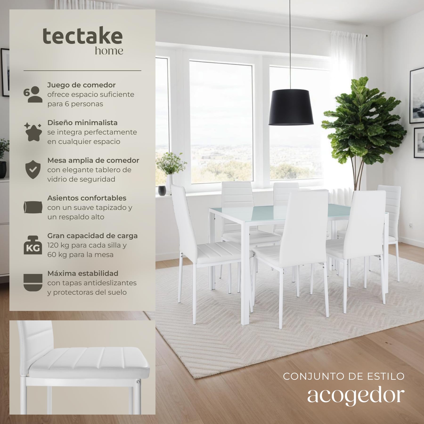 tectake® Conjunto de Mesa y 6 Sillas de Comedor, Atractivo Diseño, Alto Confort, Tablero de Vidrio, Sillas Comedor Modernas, Sillas de Cocina, Muebles Salon Modernos - Blanco/Blanco