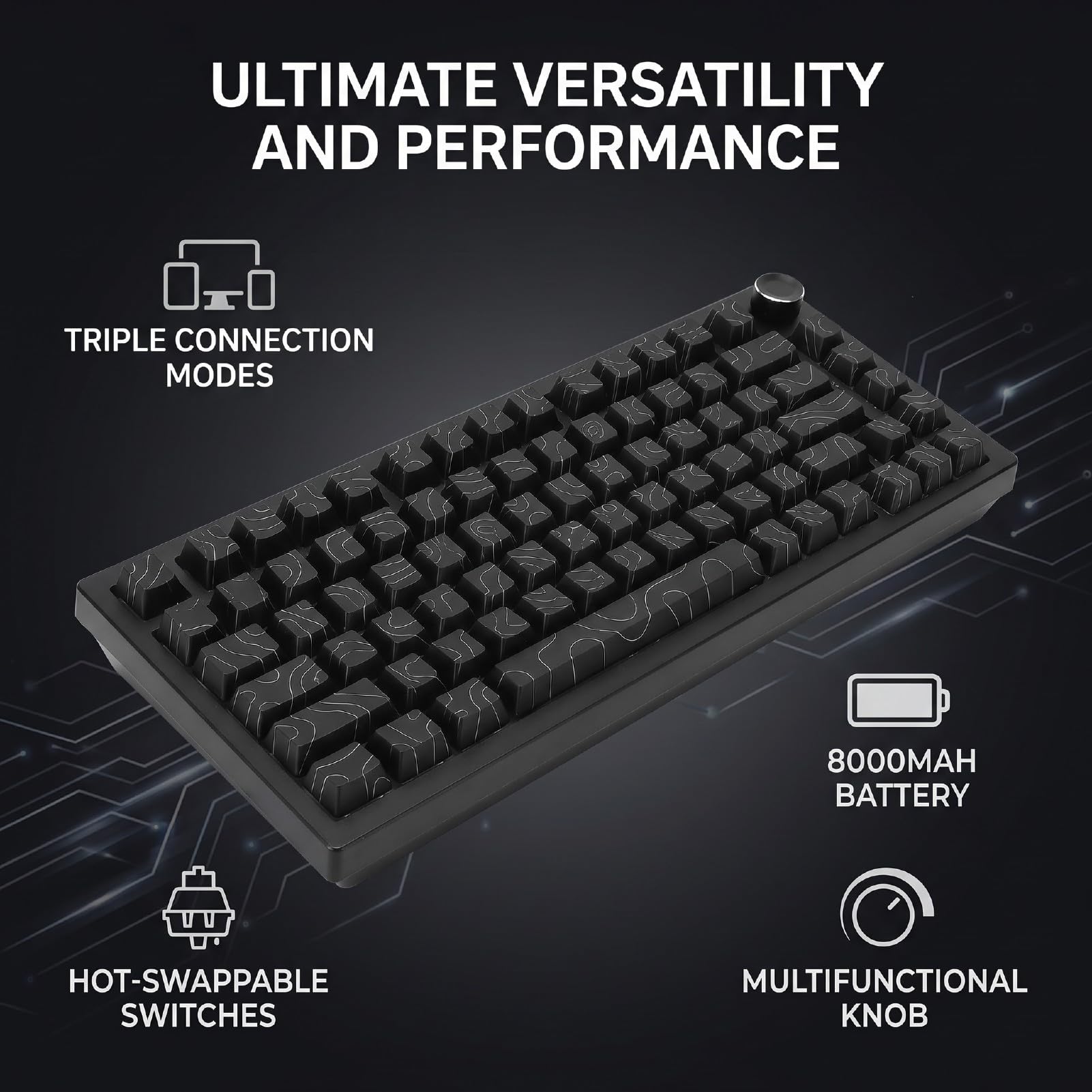 Tastiera Meccanica Wireless, Supporto per Guarnizione Retroilluminato RGB Sostituibile a Caldo Al 75% con Batteria da 8000 MAh, per PC da Gioco Mac (di contorno nera)