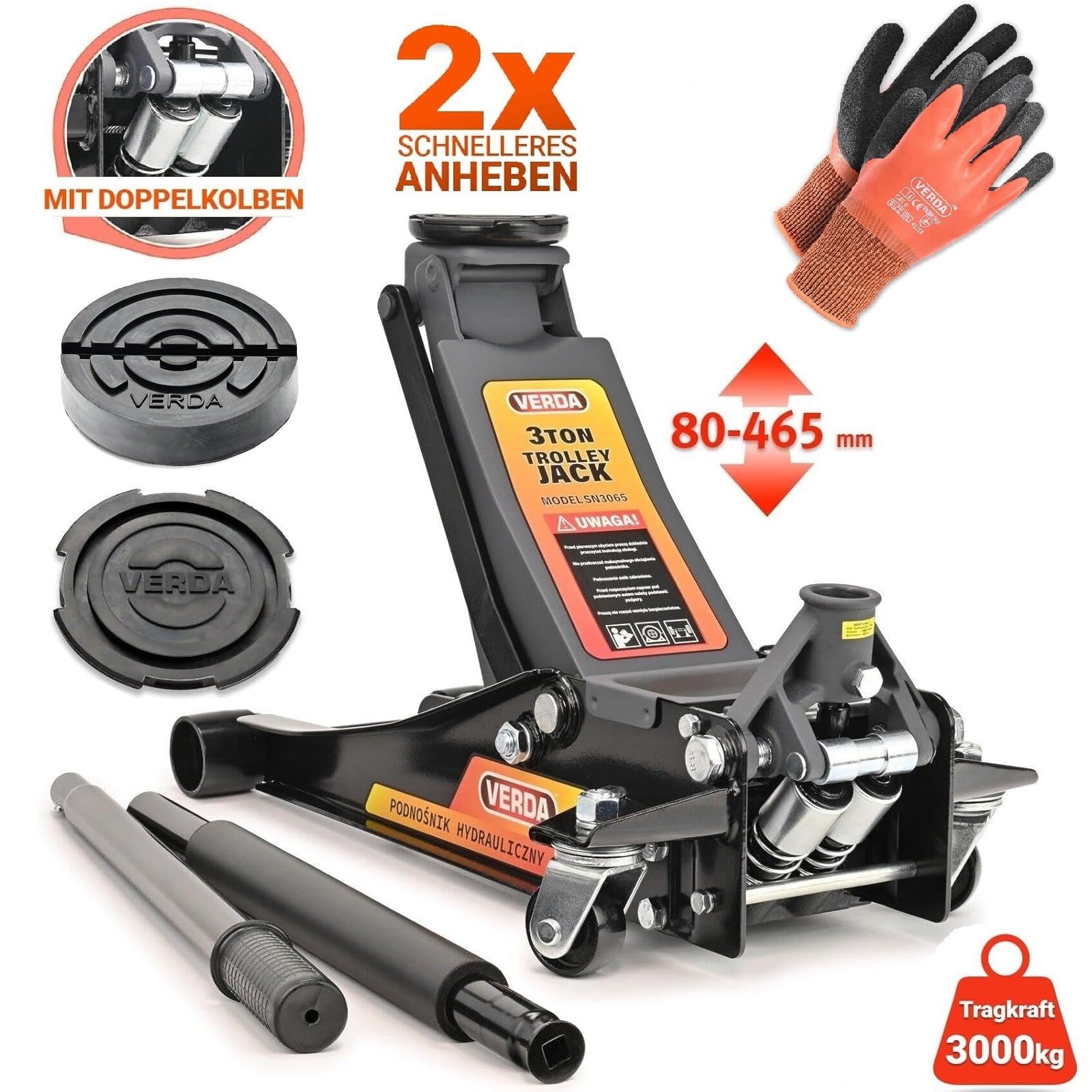 Wagenheber hydraulisch 3T 80-465mm + 2X Gummi + Montagehandschuhe Rangierwagenheber Tief Doppelkolben Heber Jeep Wohnmobil Auto Heber Profi für Geländewagen für Reparaturen und Wartungsarbeiten